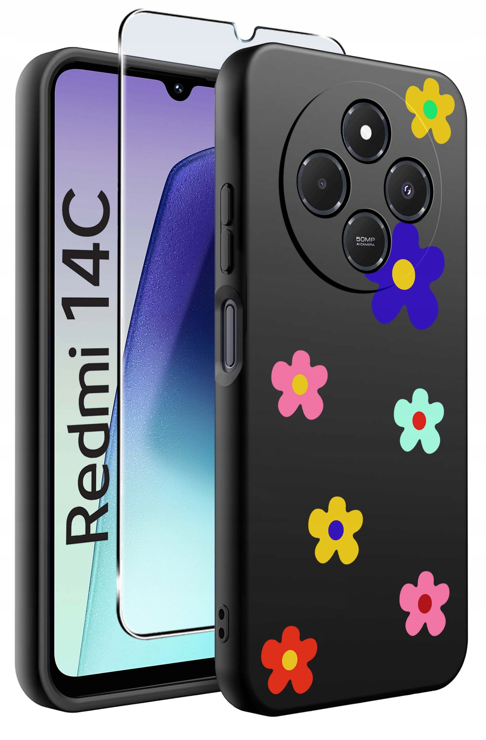 Czarne etui na telefon z kolorowymi kwiatkami oraz szkło ochronne. Na ekranie telefonu widoczny jest napis \'Redmi 14C\'.
