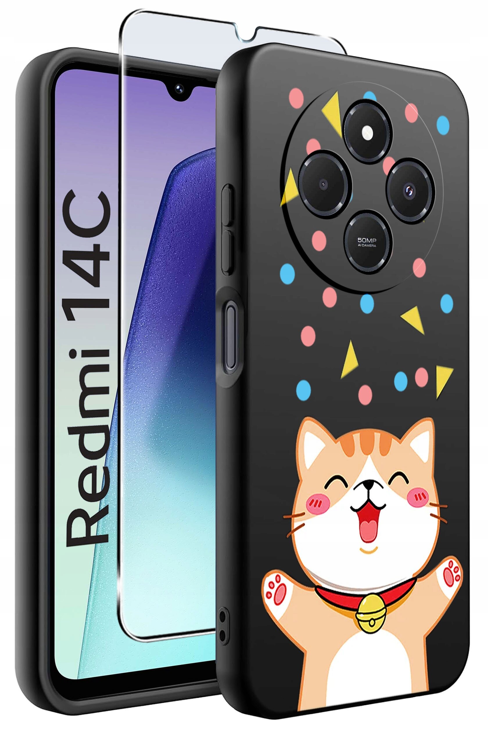 Obraz przedstawia etui na telefon z grafiką uśmiechniętego kota i kolorowymi kształtami na czarnym tle. Obok etui widoczny jest telefon z napisem \'Redmi 14C\' na ekranie oraz szkło ochronne.