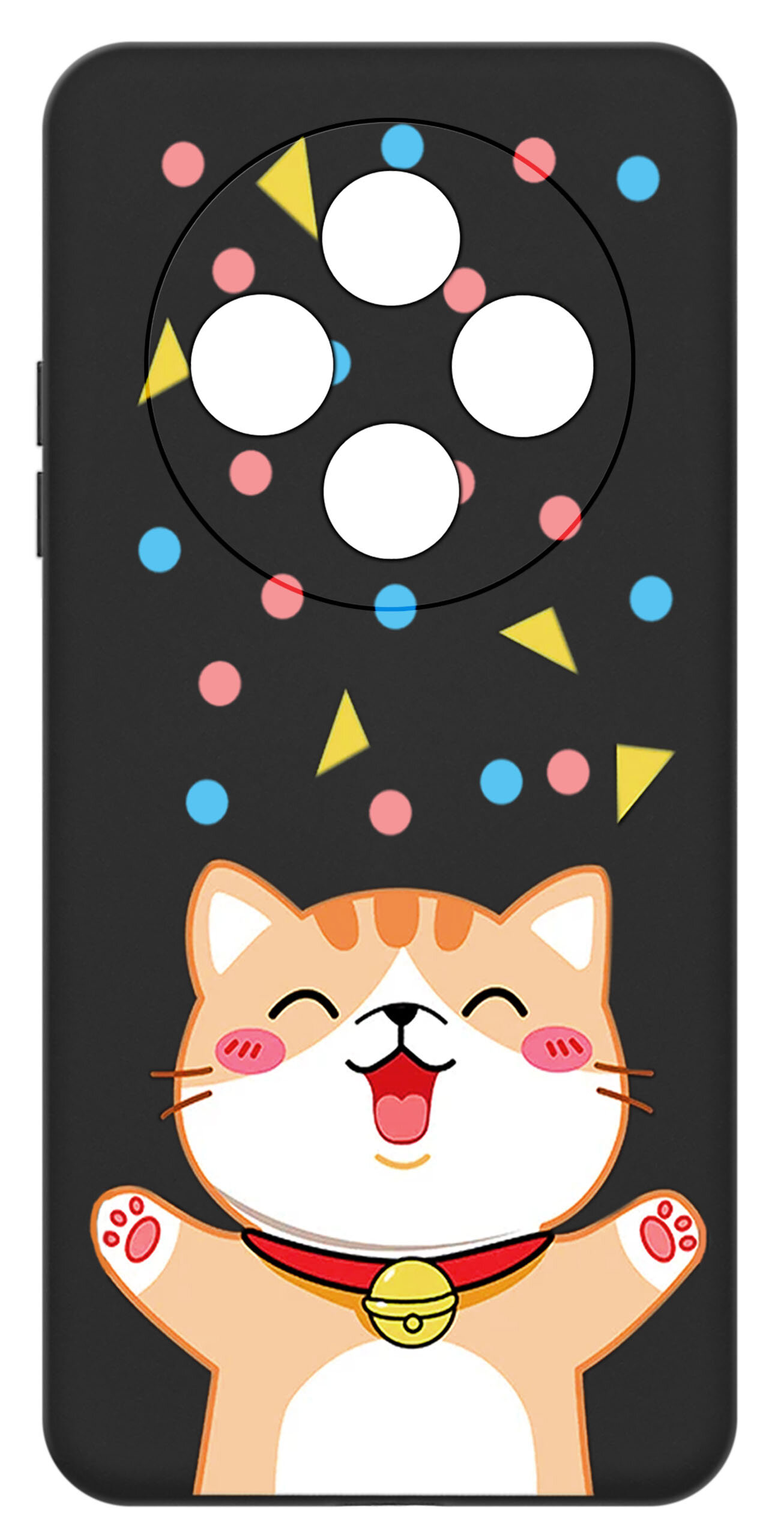 Etui na telefon z rysunkiem uśmiechniętego kota z dzwoneczkiem na szyi, otoczonego kolorowymi kropkami i trójkątami na czarnym tle.