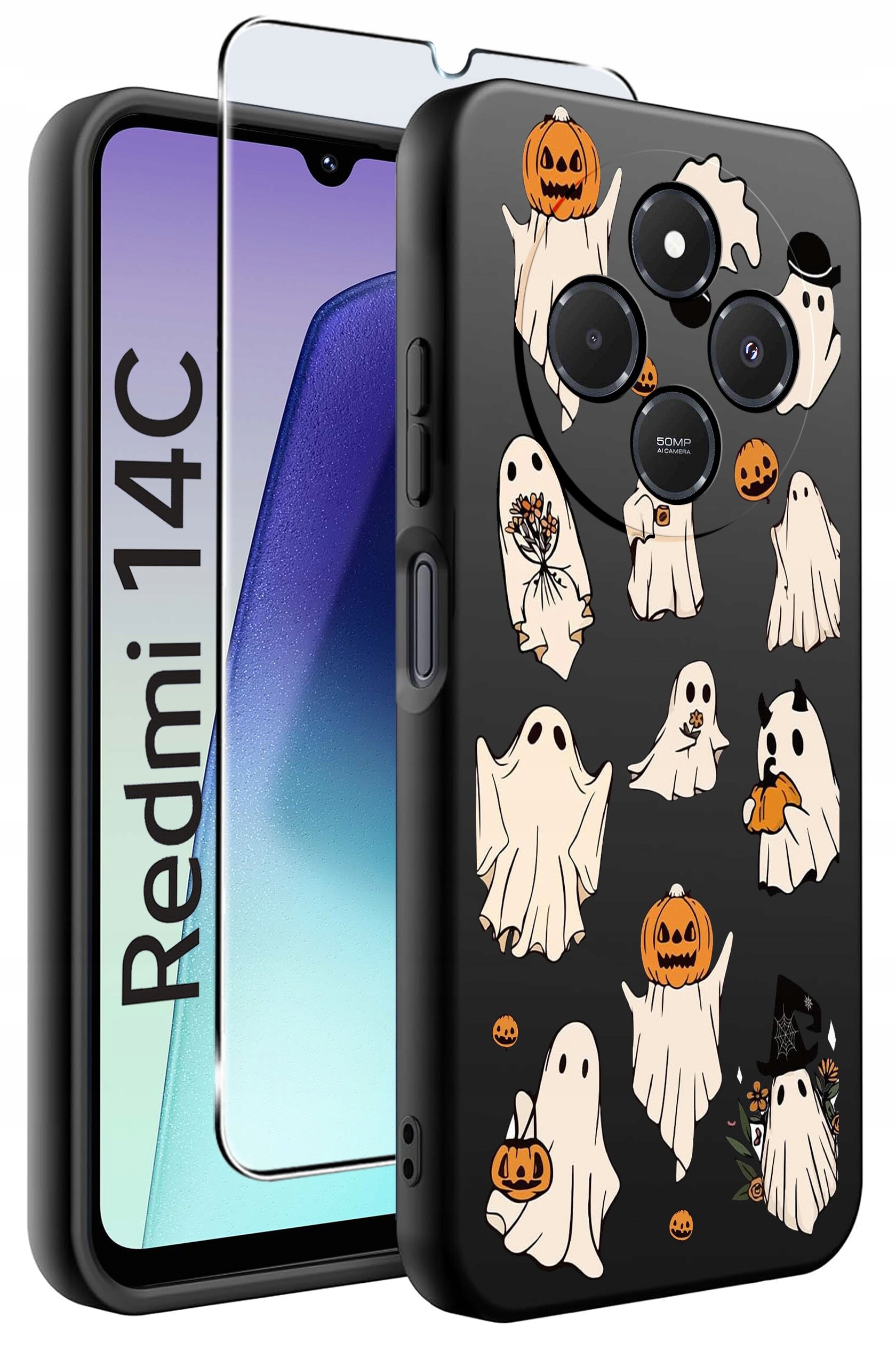 Etui na telefon z motywem duchów i dyni, z wycięciami na aparat. Obok znajduje się szkło ochronne, a na ekranie telefonu widoczny jest napis \'Redmi 14C\'.