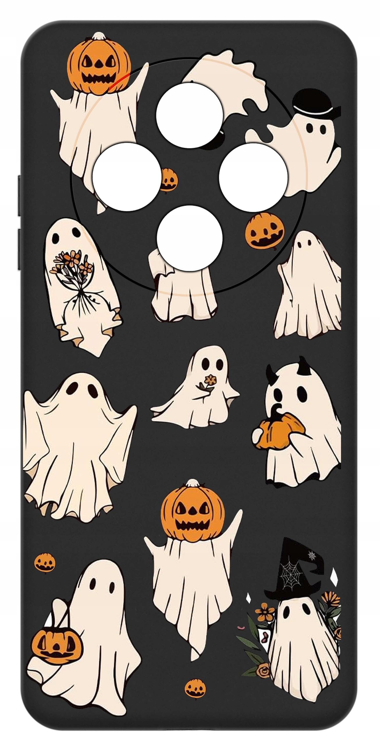 Czarne etui na telefon z motywem duchów i dyni, ozdobione różnymi wzorami halloweenowymi. Etui posiada wycięcia na aparat i przyciski.