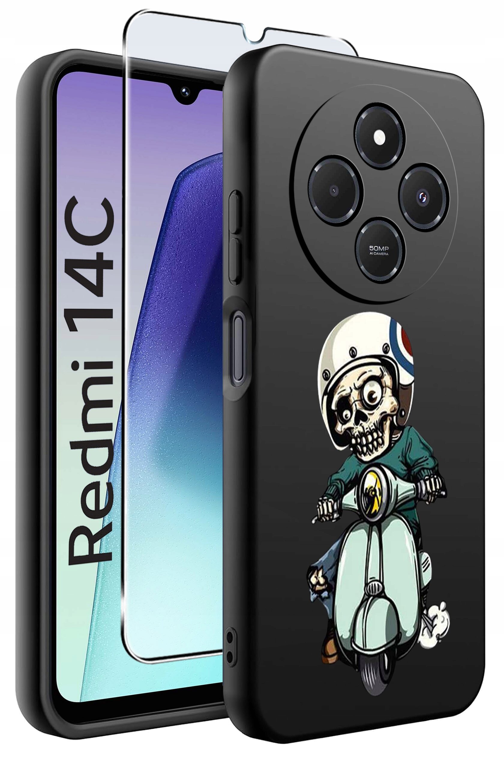 Obraz przedstawia czarne etui na telefon z nadrukiem czaszki w kasku na skuterze. Obok etui widoczny jest telefon z napisem \'Redmi 14C\' oraz szkło ochronne.