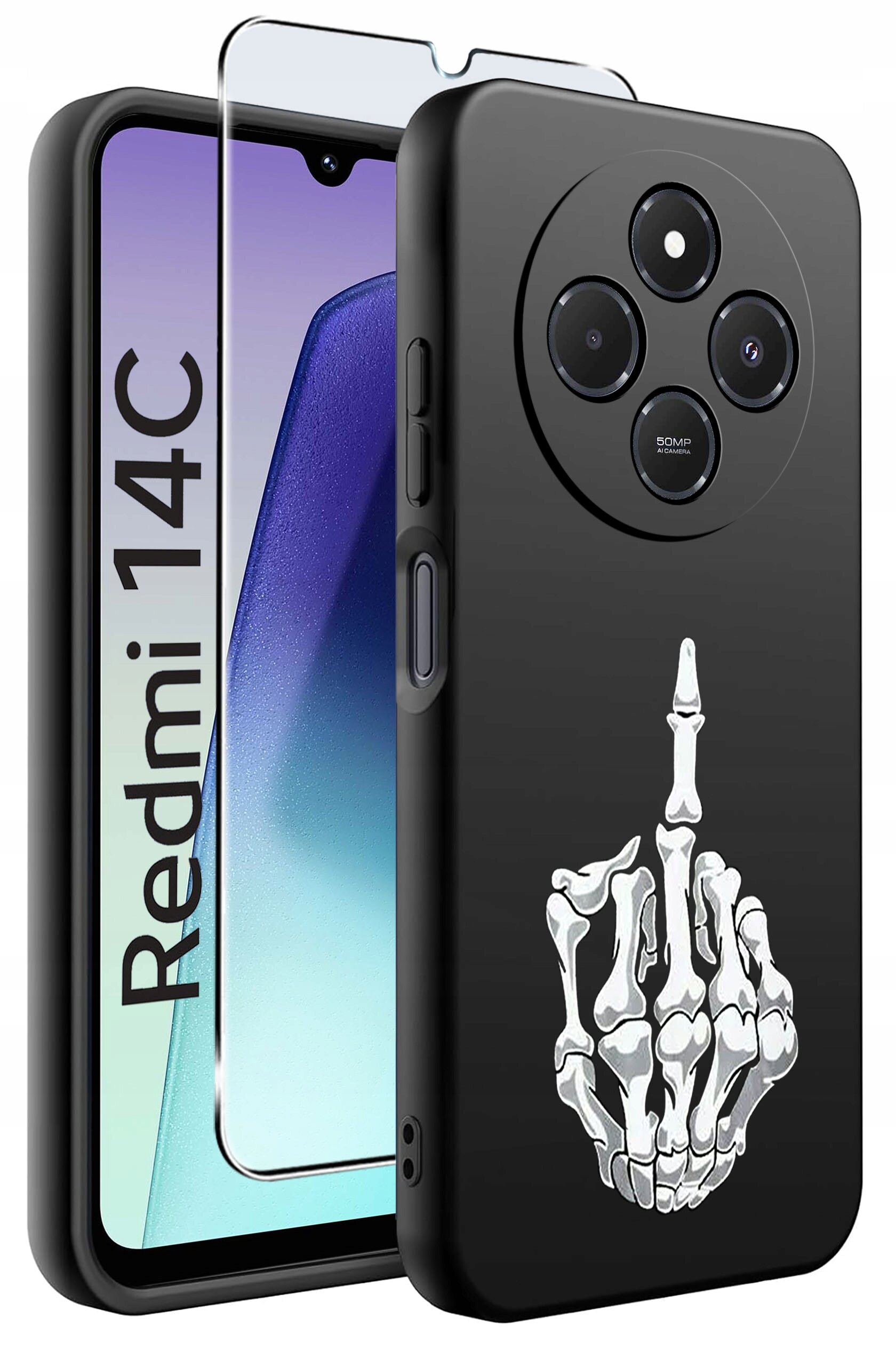 Obraz przedstawia czarne etui na telefon z nadrukiem szkieletowej dłoni oraz szkło ochronne. Na ekranie telefonu widoczny jest napis \'Redmi 14C\'.