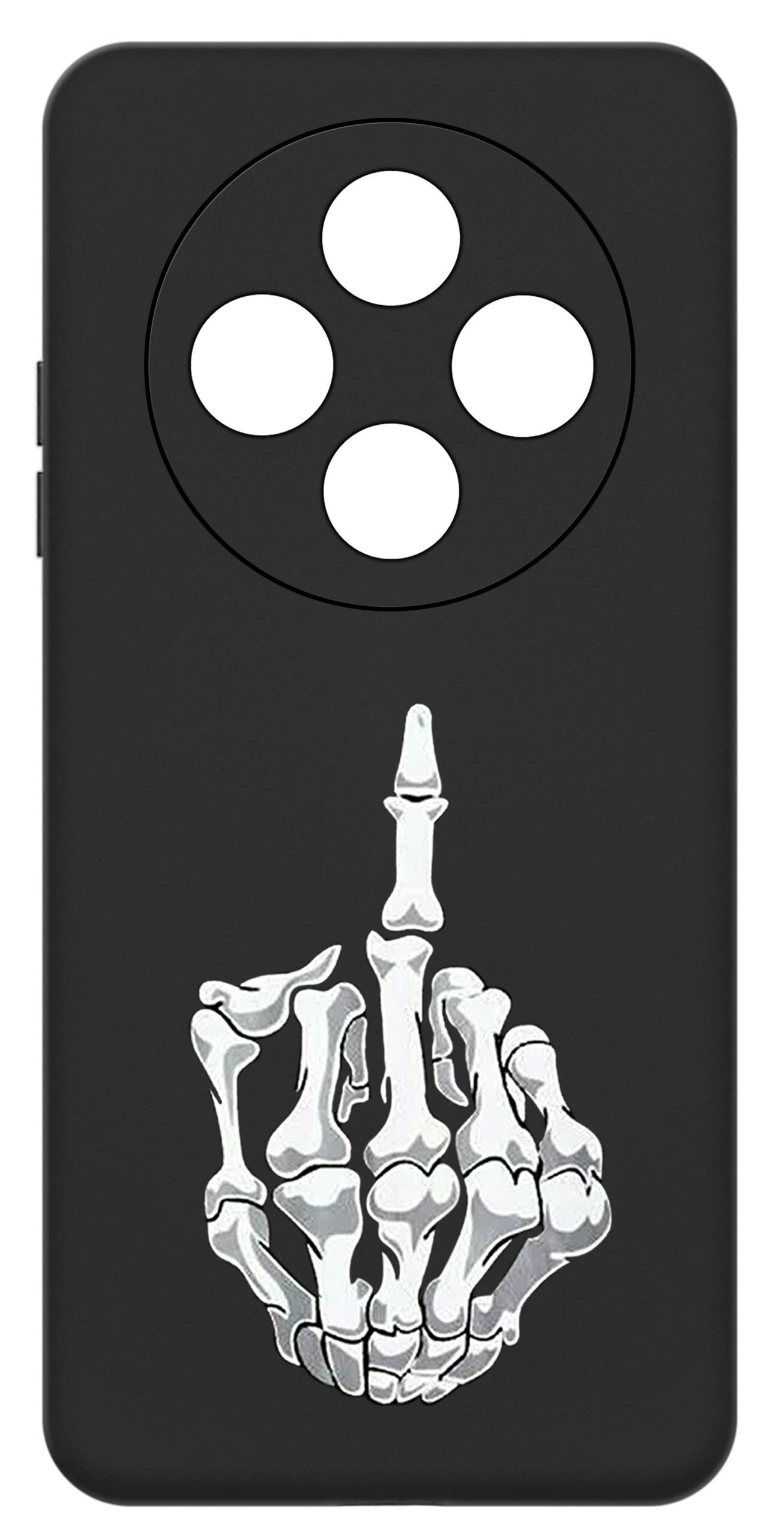 Czarne etui na telefon z nadrukiem białej, szkieletowej dłoni pokazującej środkowy palec. W górnej części etui znajdują się cztery okrągłe otwory na aparat.