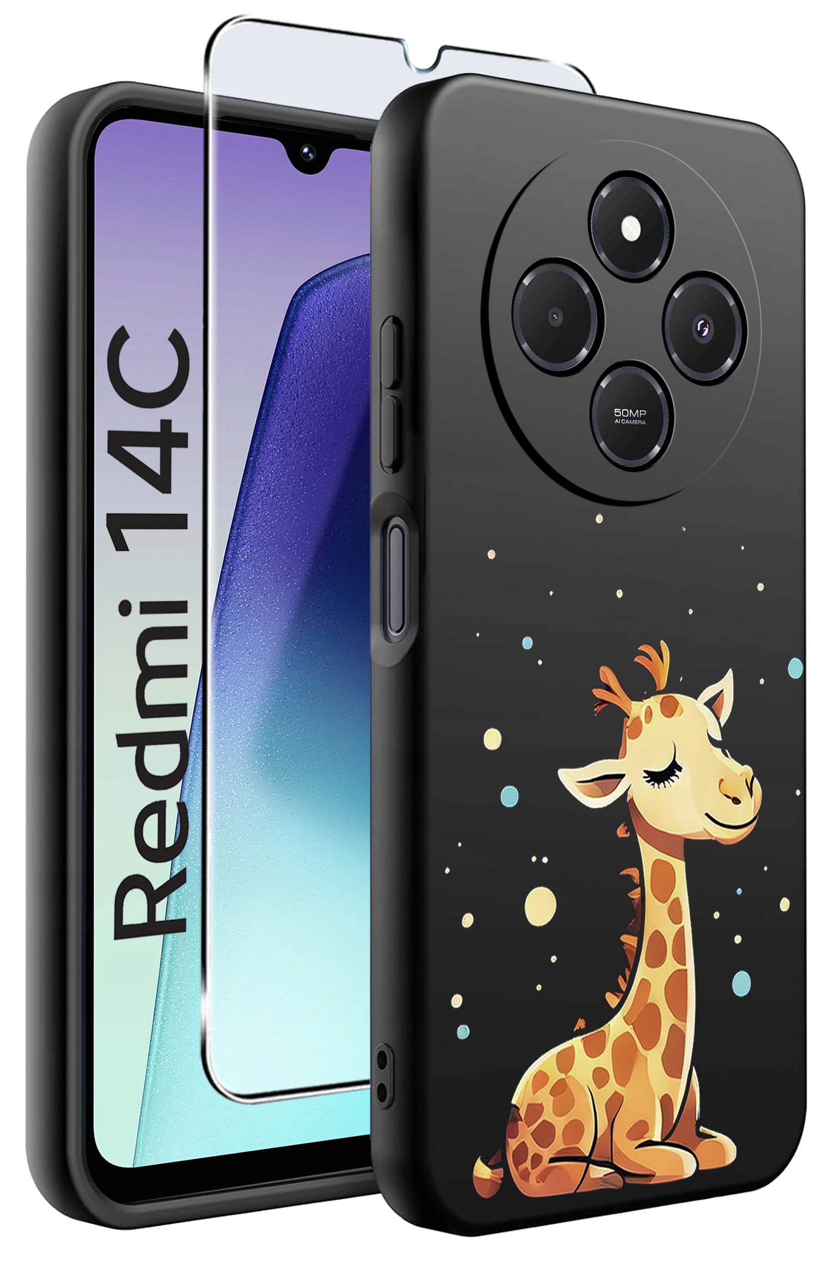Na obrazie widoczne jest czarne etui na telefon z nadrukiem żyrafy oraz szkło ochronne. Obok etui znajduje się napis \'Redmi 14C\'.