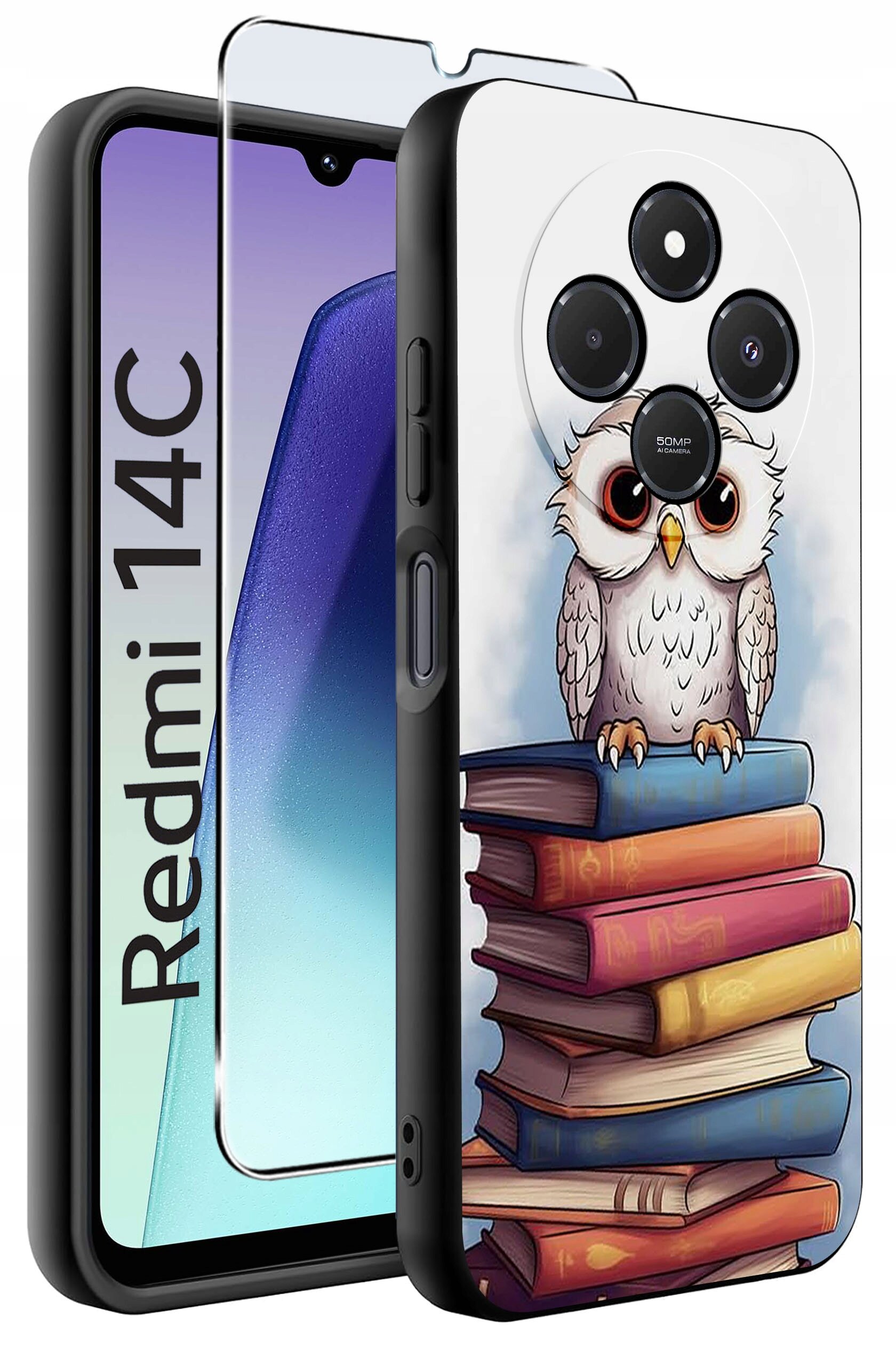 Etui na telefon z nadrukiem sowy siedzącej na stosie książek, obok widoczny jest telefon z napisem \'Redmi 14C\'.