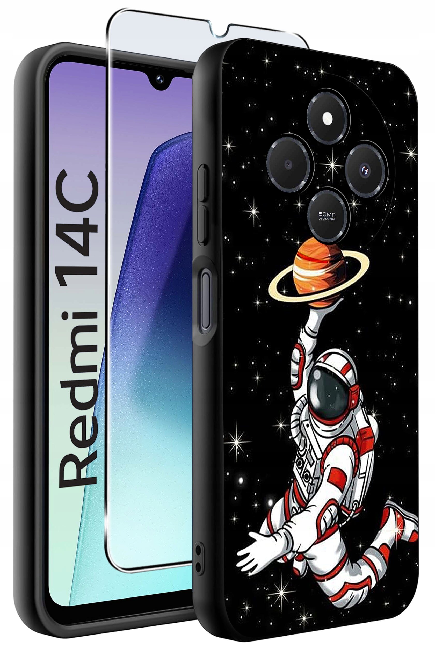 Obraz przedstawia etui na telefon z grafiką astronauty trzymającego planetę na tle gwiazd. Obok etui znajduje się szkło ochronne oraz widoczny fragment telefonu z napisem \'Redmi 14C\'.