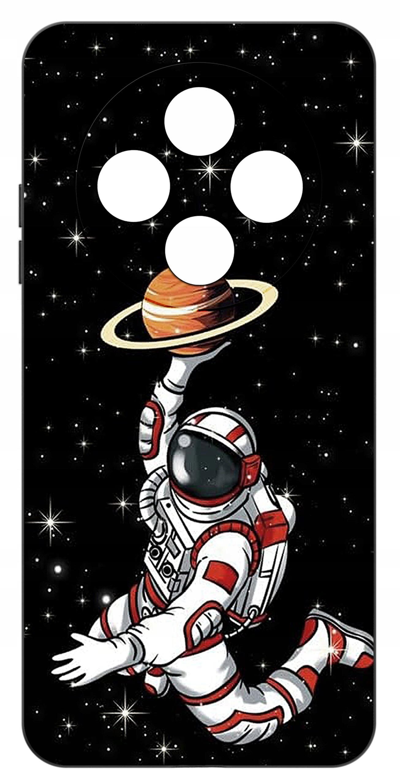 Etui na telefon z motywem astronauty unoszącego się w kosmosie, trzymającego planetę z pierścieniem. Tło jest czarne z białymi gwiazdami.