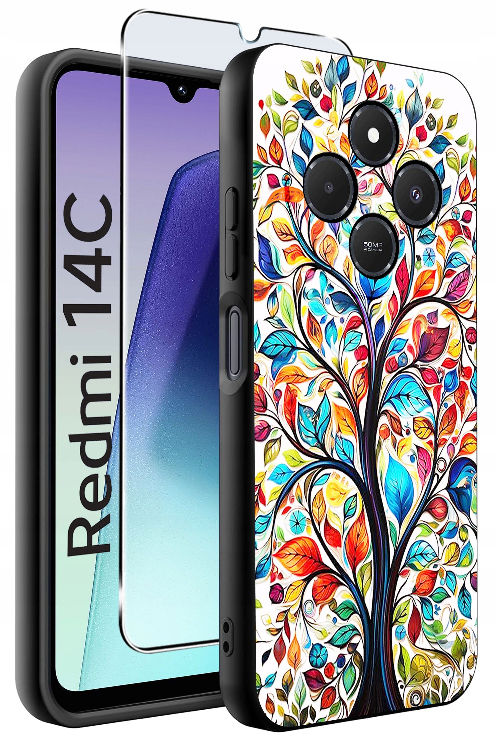Obraz przedstawia etui na telefon z kolorowym wzorem drzewa z liśćmi oraz szkło ochronne. Na ekranie telefonu widoczny jest napis \'Redmi 14C\'.