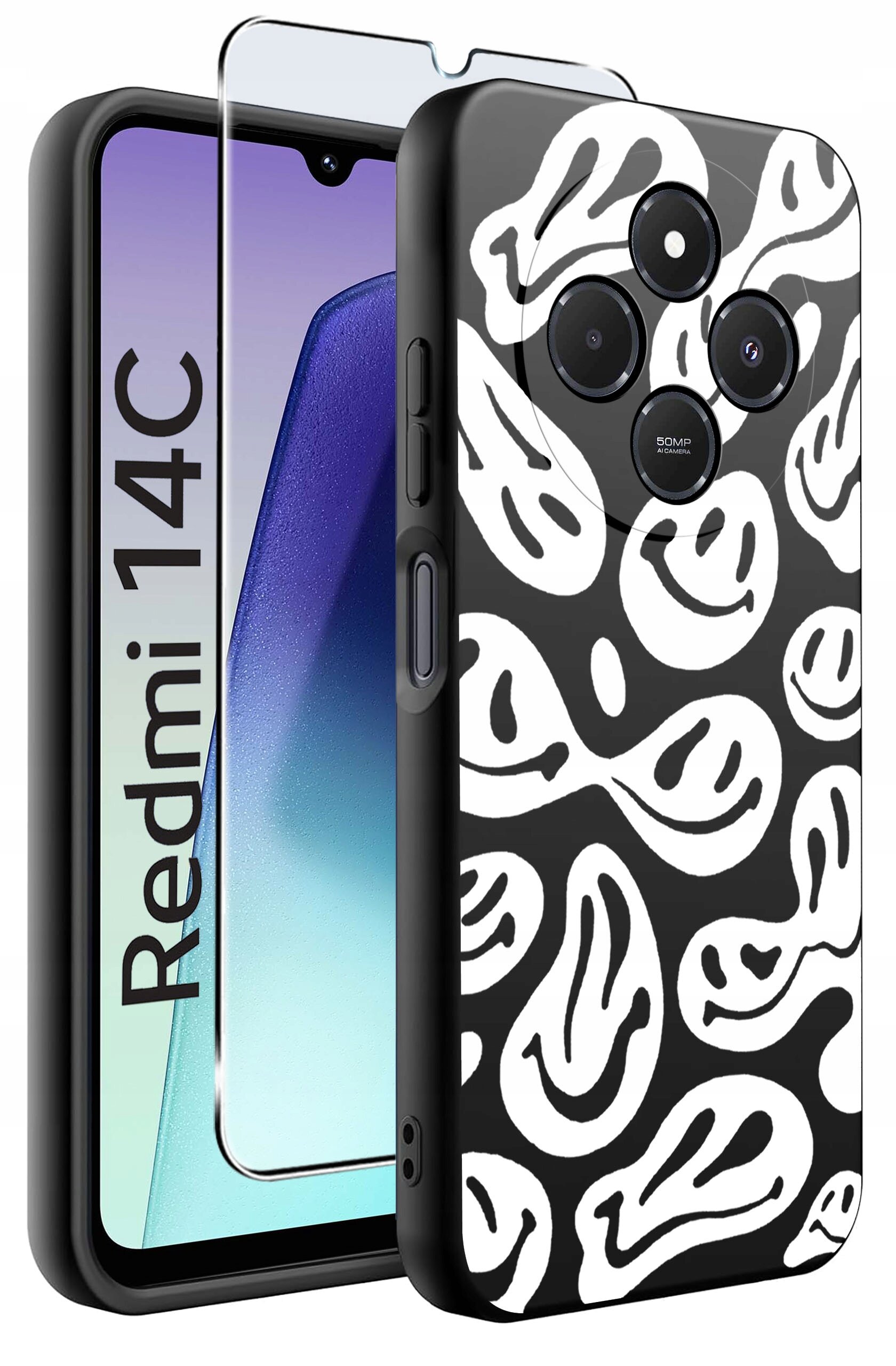 Obraz przedstawia etui na telefon z czarno-białym wzorem oraz szkło ochronne. Na ekranie telefonu widoczny jest napis \'Redmi 14C\'.