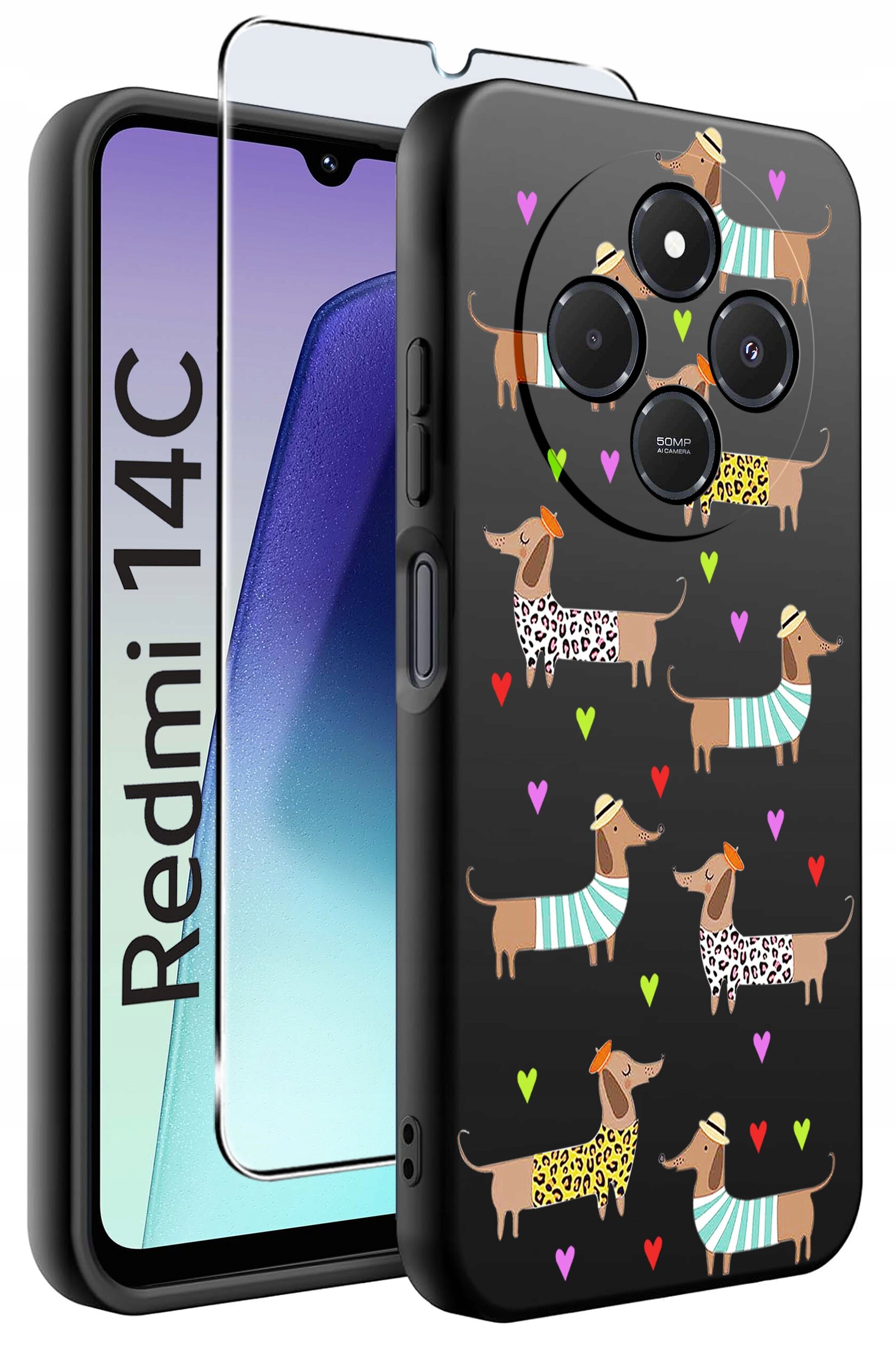 Etui na telefon z wzorem przedstawiającym psy w kolorowych ubrankach i serduszkach. Obok etui widoczny jest telefon z napisem \'Redmi 14C\' oraz szkło ochronne.