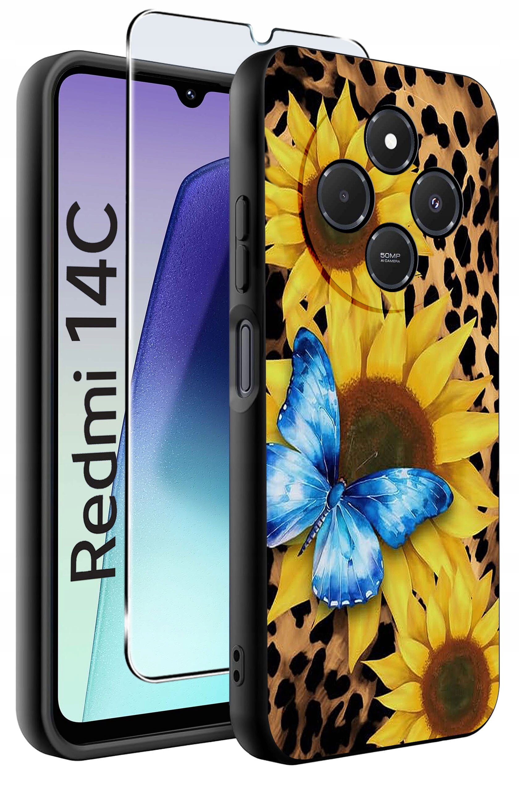 Etui na telefon z motywem słoneczników i niebieskiego motyla na tle w cętki, obok widoczna szybka ochronna. Na ekranie telefonu napis \'Redmi 14C\'.