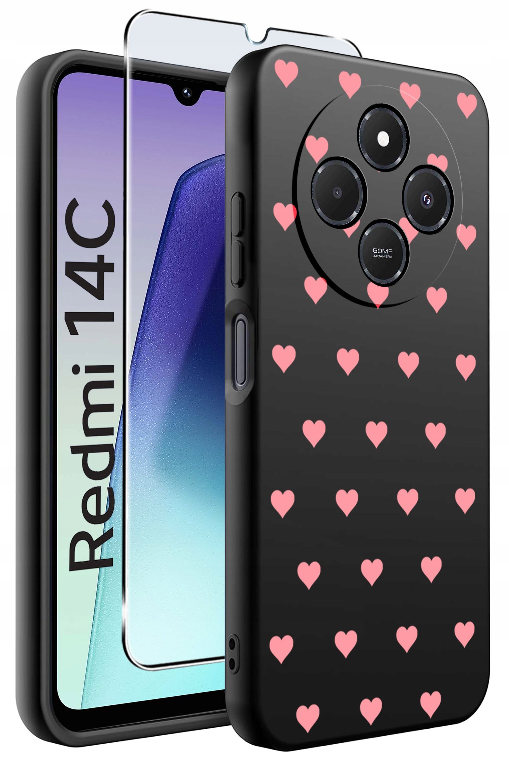Obraz przedstawia czarne etui na telefon z różowymi sercami oraz szkło ochronne. Na ekranie telefonu widoczny jest napis \'Redmi 14C\'.