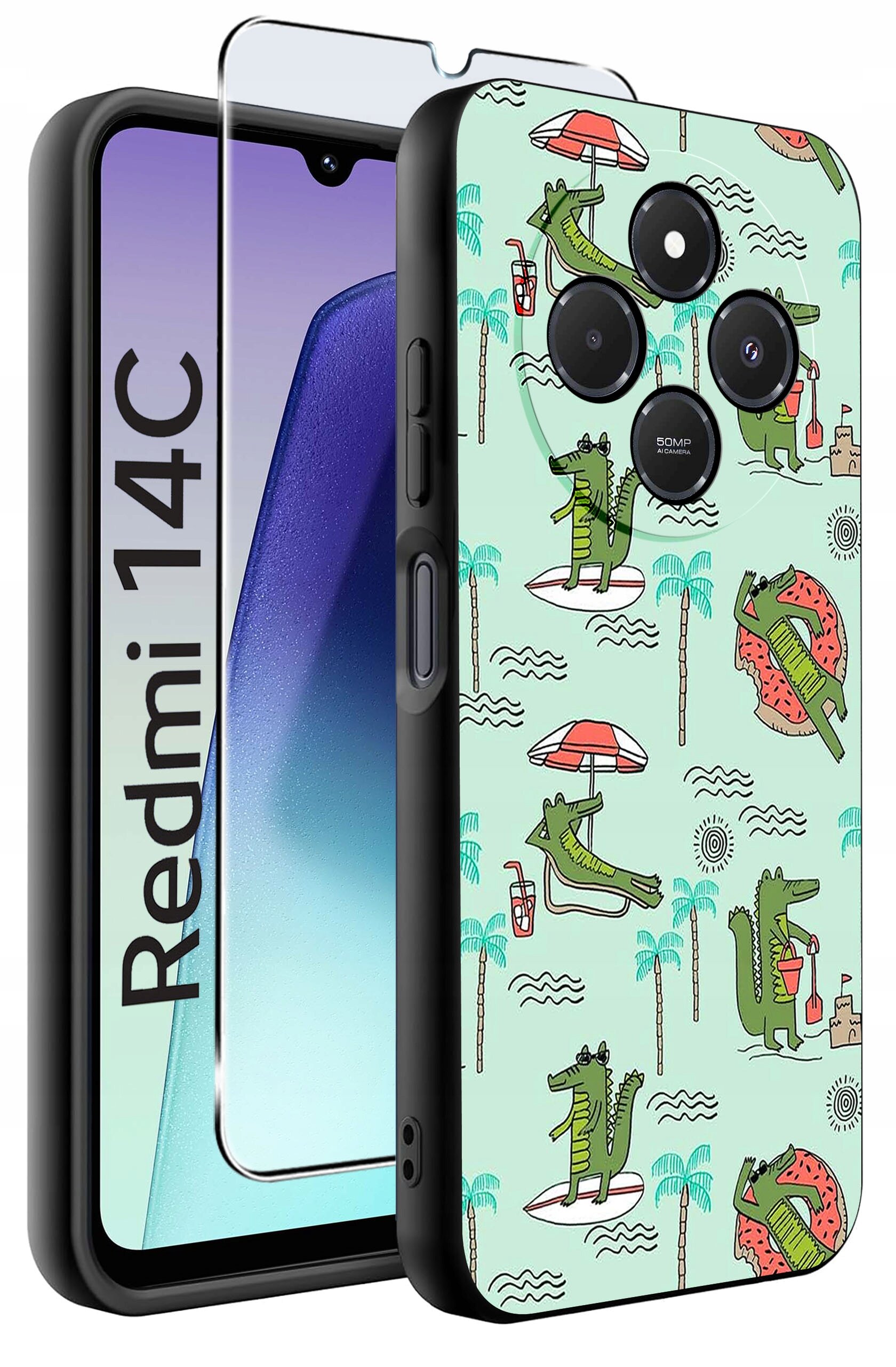 Obraz przedstawia etui na telefon z kolorowym wzorem przedstawiającym krokodyle, palmy i parasole. Obok etui znajduje się szkło ochronne, a na ekranie telefonu widoczny jest napis \'Redmi 14C\'.