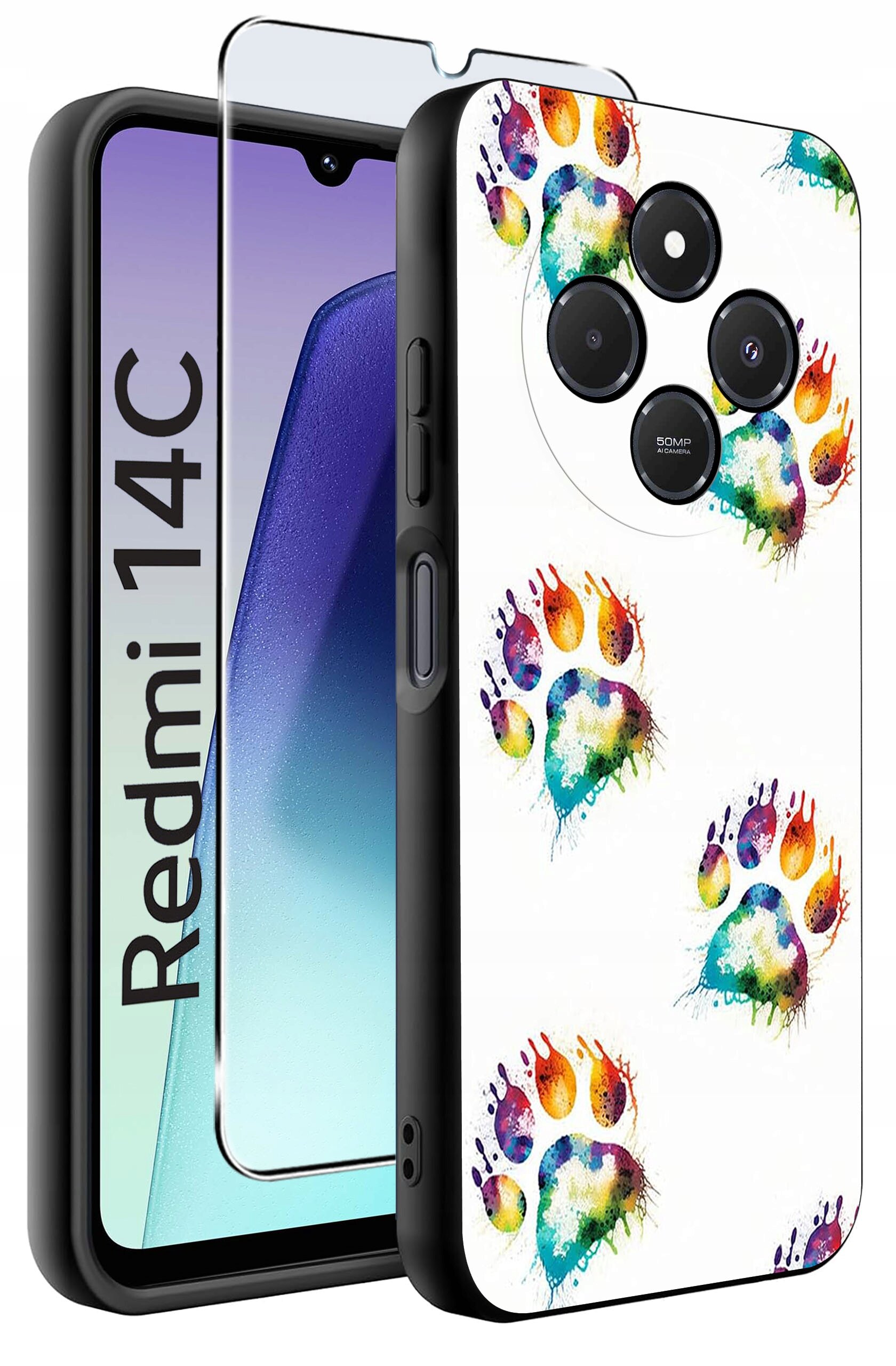 Obraz przedstawia etui na telefon z kolorowymi wzorami łap na białym tle oraz szkło ochronne. Na ekranie telefonu widoczny jest napis \'Redmi 14C\'.