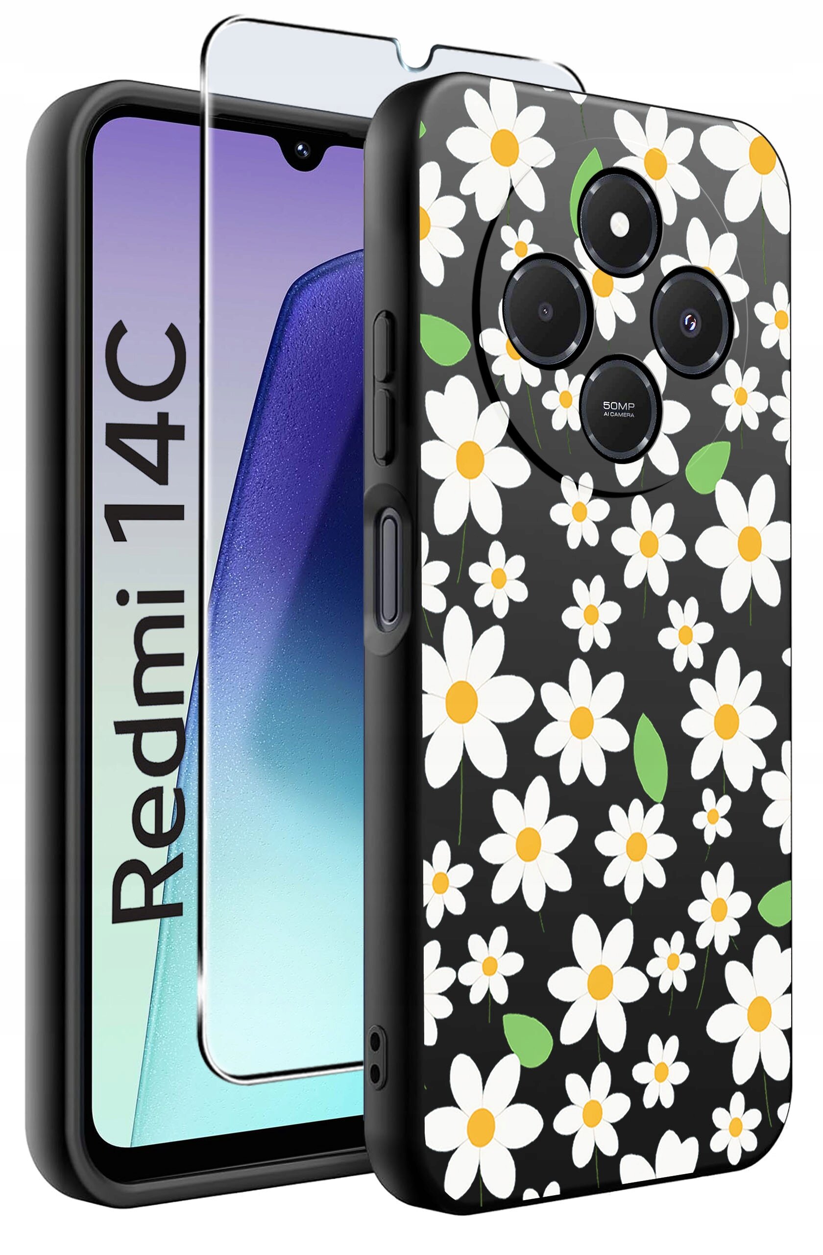 Etui na telefon z wzorem białych kwiatów na czarnym tle, obok którego znajduje się szkło ochronne. Na ekranie telefonu widoczny jest napis \'Redmi 14C\'.