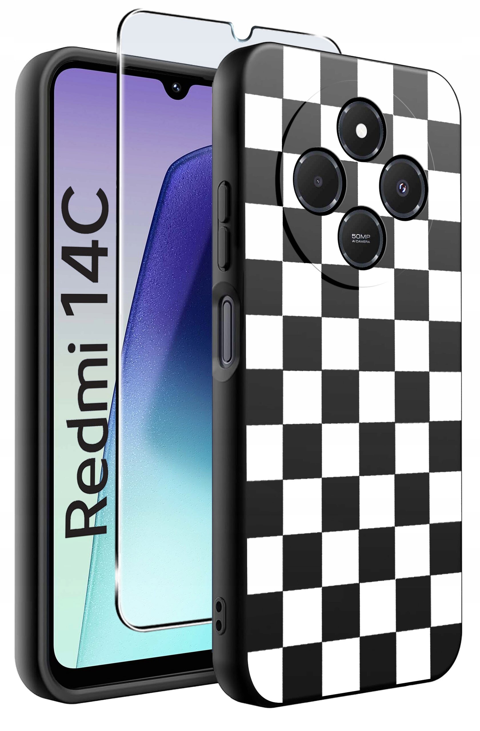 Obraz przedstawia etui na telefon z czarno-białym wzorem szachownicy oraz szkło ochronne. Na ekranie telefonu widoczny jest napis \'Redmi 14C\'.