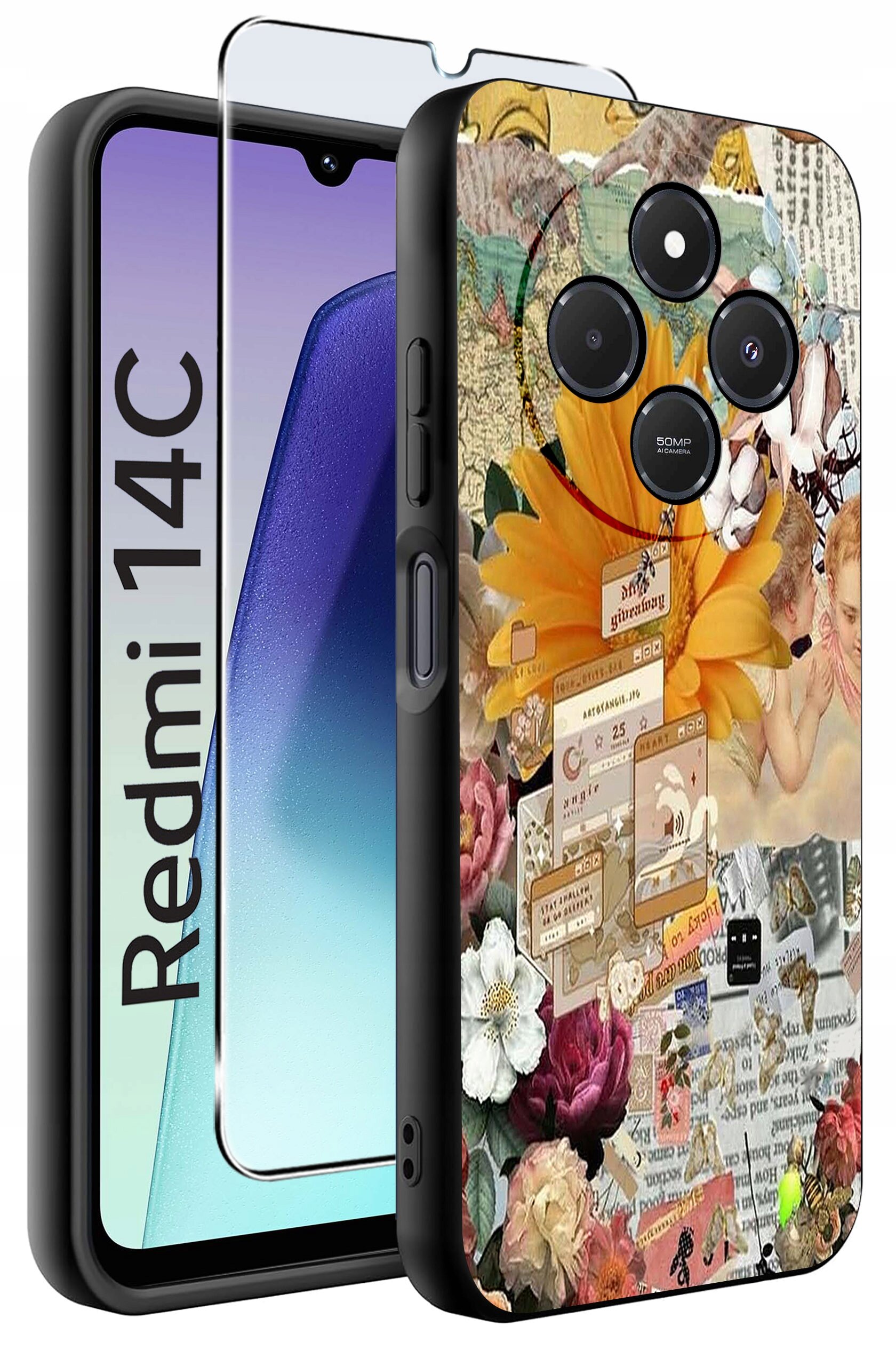 Obraz przedstawia etui na telefon z kolorowym, kwiatowym wzorem oraz szkło ochronne. Na ekranie telefonu widoczny jest napis \'Redmi 14C\'.