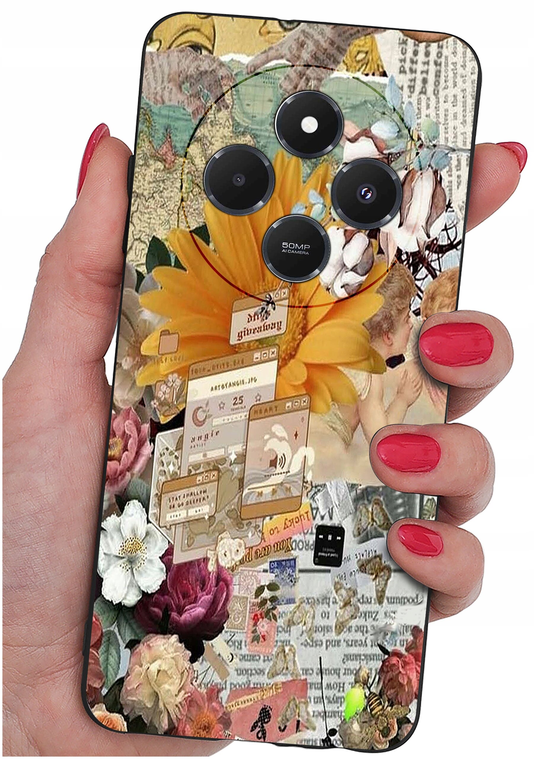 Etui na telefon z kolorowym, kwiatowym wzorem i elementami graficznymi, trzymane w dłoni z pomalowanymi na czerwono paznokciami. Widoczne są cztery otwory na aparaty fotograficzne.