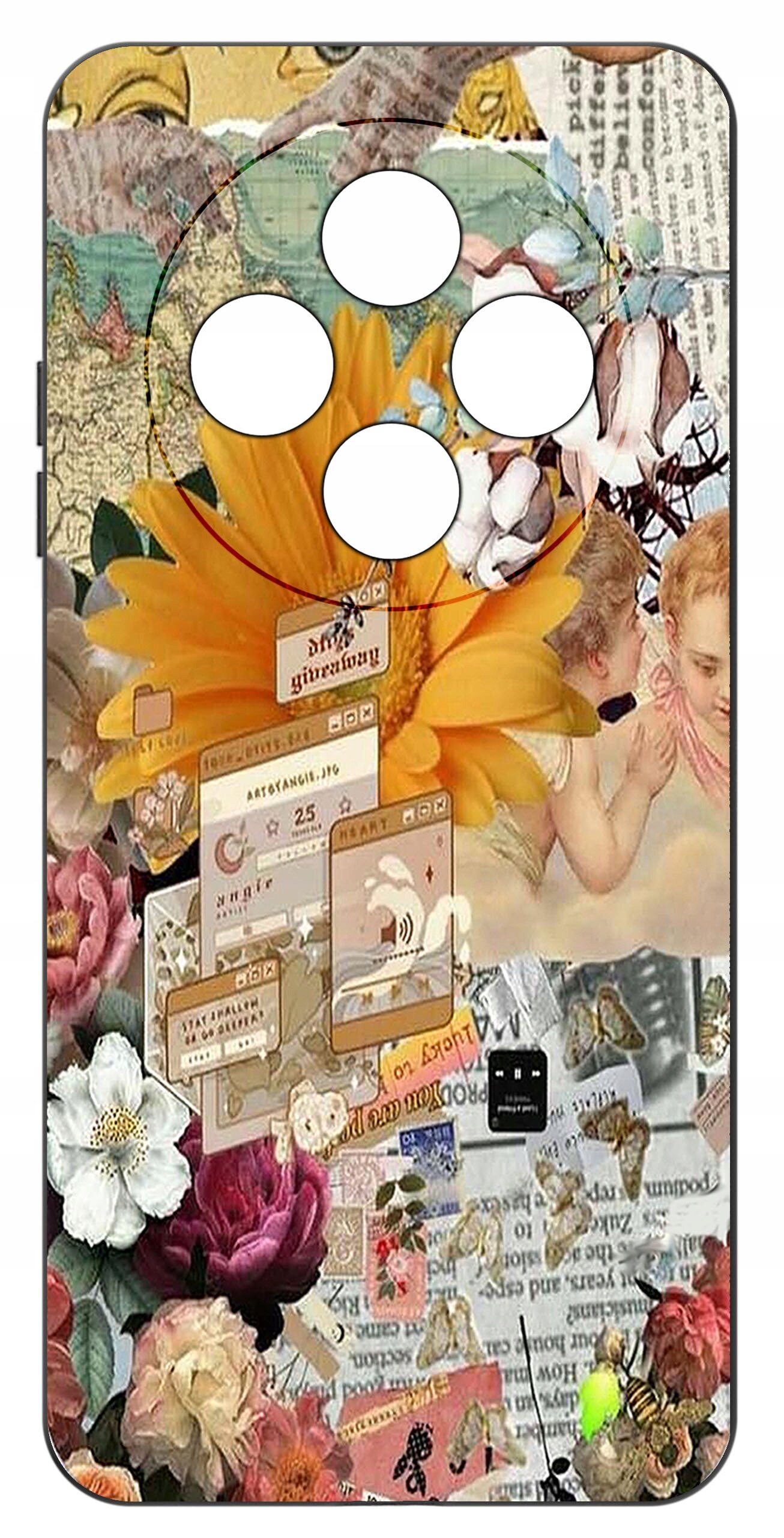 Etui na telefon z kolorowym, artystycznym wzorem przedstawiającym kwiaty, aniołki i elementy graficzne przypominające okna komputerowe. W tle widoczne są fragmenty tekstu i kolaż różnych obrazków.