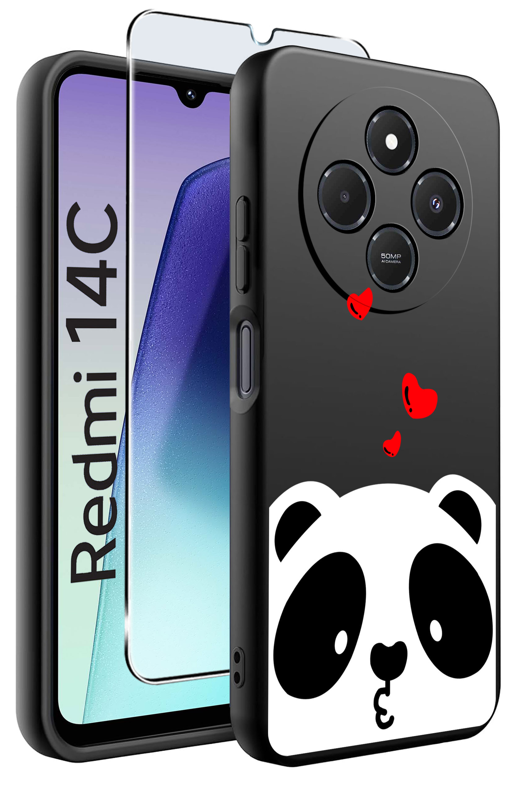 Obraz przedstawia czarne etui na telefon z motywem pandy i czerwonymi serduszkami oraz szkło ochronne. Na ekranie telefonu widoczny jest napis \'Redmi 14C\'.