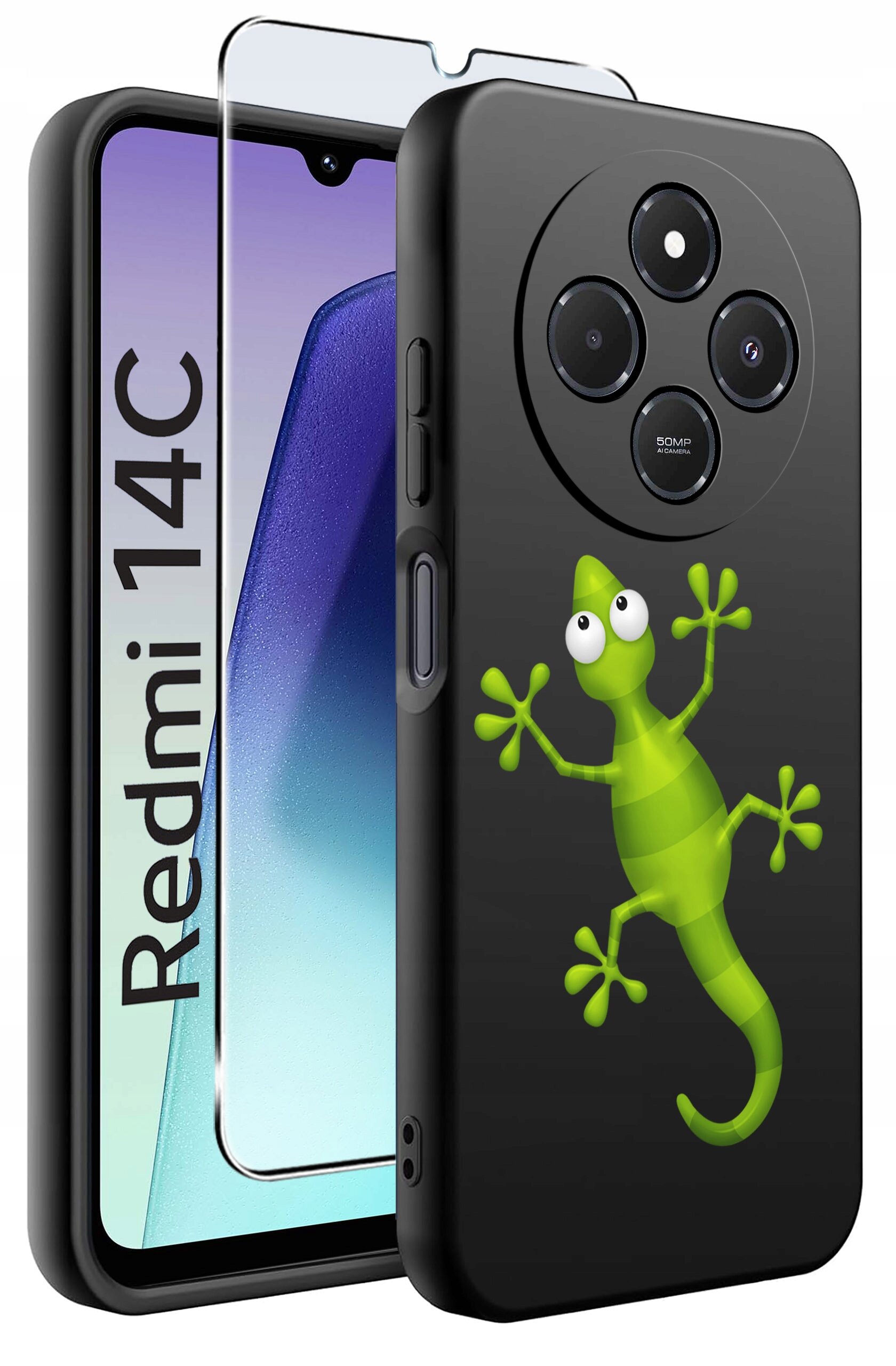 Obraz przedstawia etui na telefon z zielonym rysunkiem jaszczurki oraz szkło ochronne. Na ekranie telefonu widoczny jest napis \'Redmi 14C\'.
