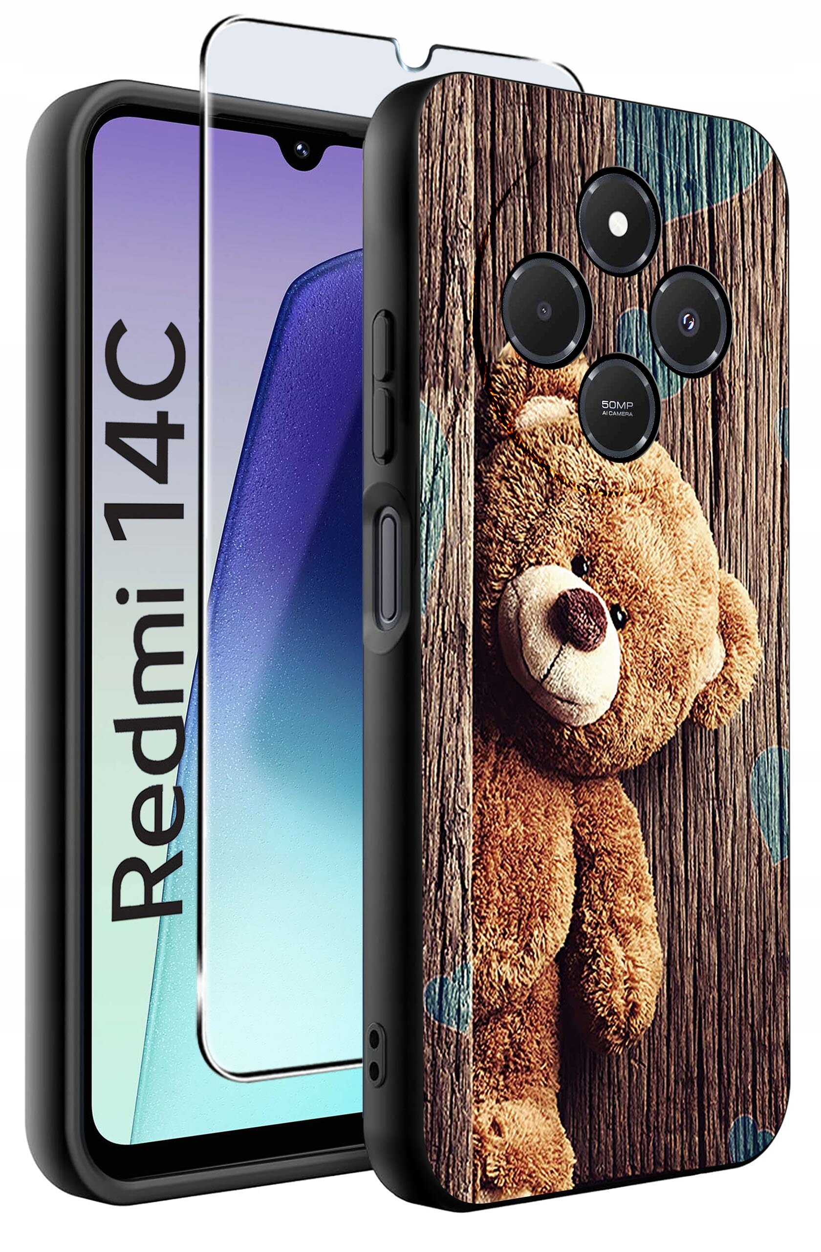 Etui na telefon z nadrukiem misia na tle drewnianej tekstury, obok znajduje się szkło ochronne. Na ekranie telefonu widoczny jest napis \'Redmi 14C\'.