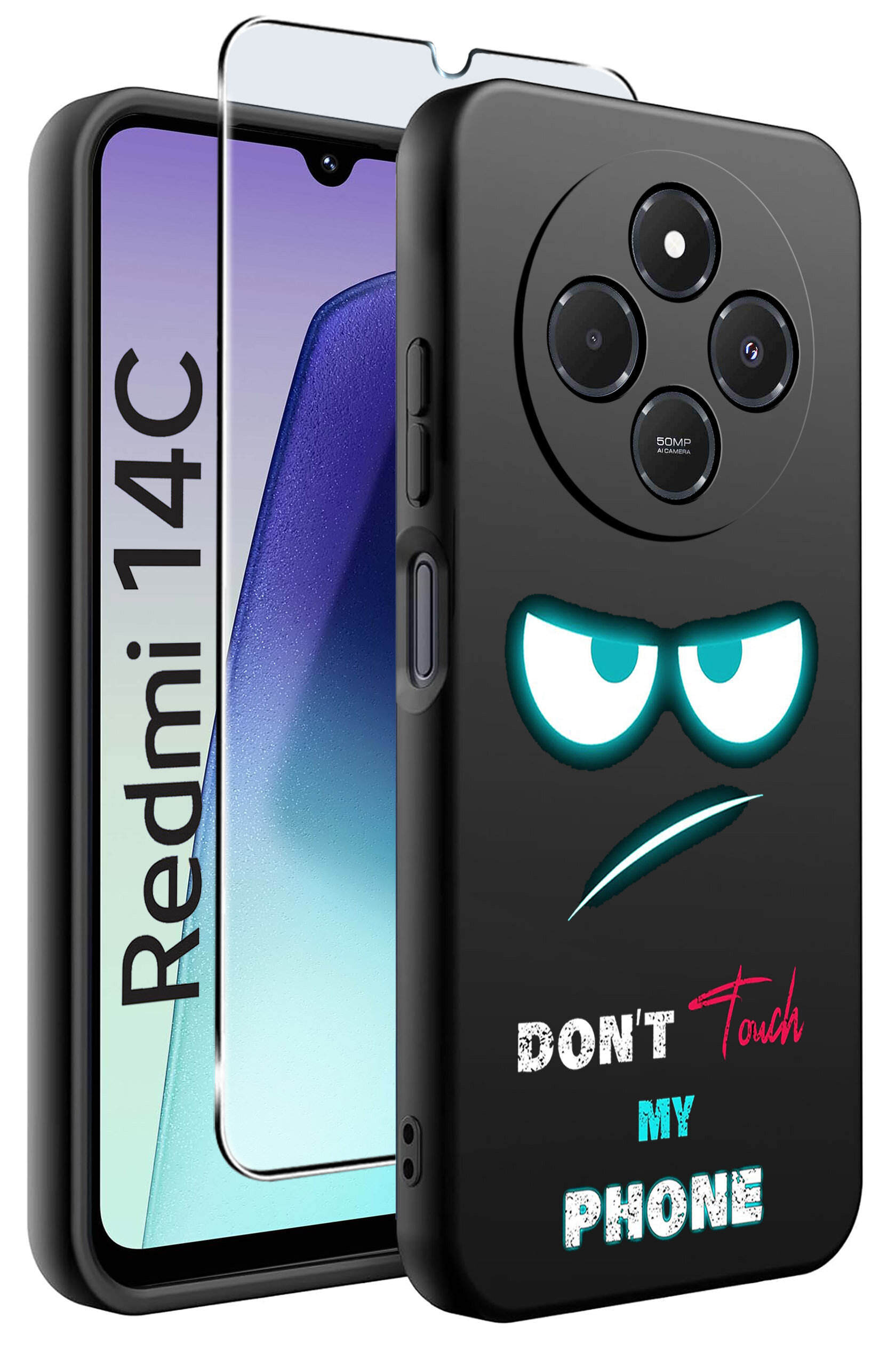 Obraz przedstawia czarne etui na telefon z nadrukiem z napisem \'DON\'T Touch MY PHONE\' oraz rysunkiem oczu i ust. Obok etui znajduje się szkło ochronne, a w tle widoczny jest fragment telefonu z napisem \'Redmi 14C\'.