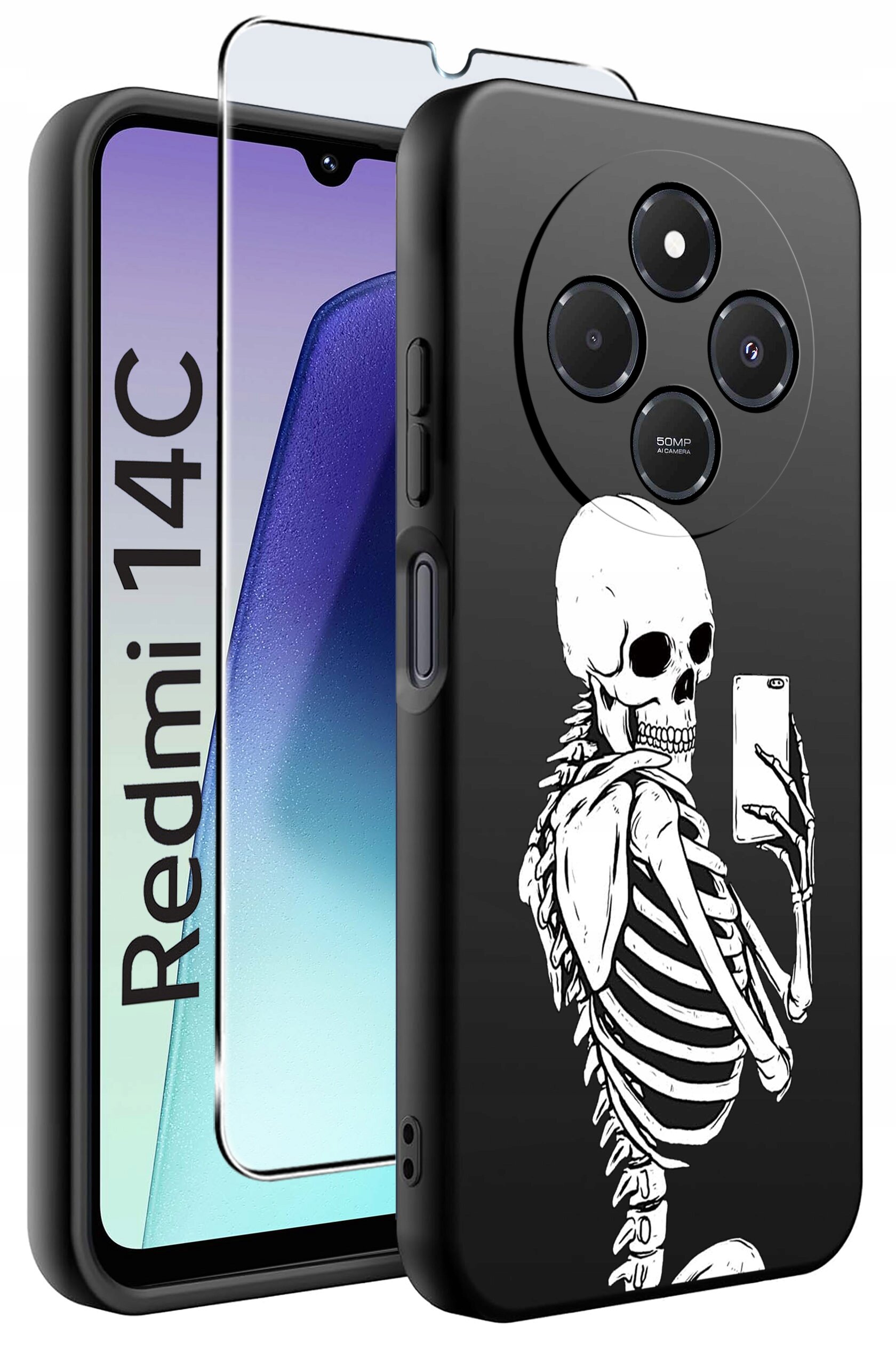Etui na telefon z nadrukiem szkieletu robiącego selfie, obok którego znajduje się szkło ochronne. Na ekranie telefonu widoczny jest napis \'Redmi 14C\'.
