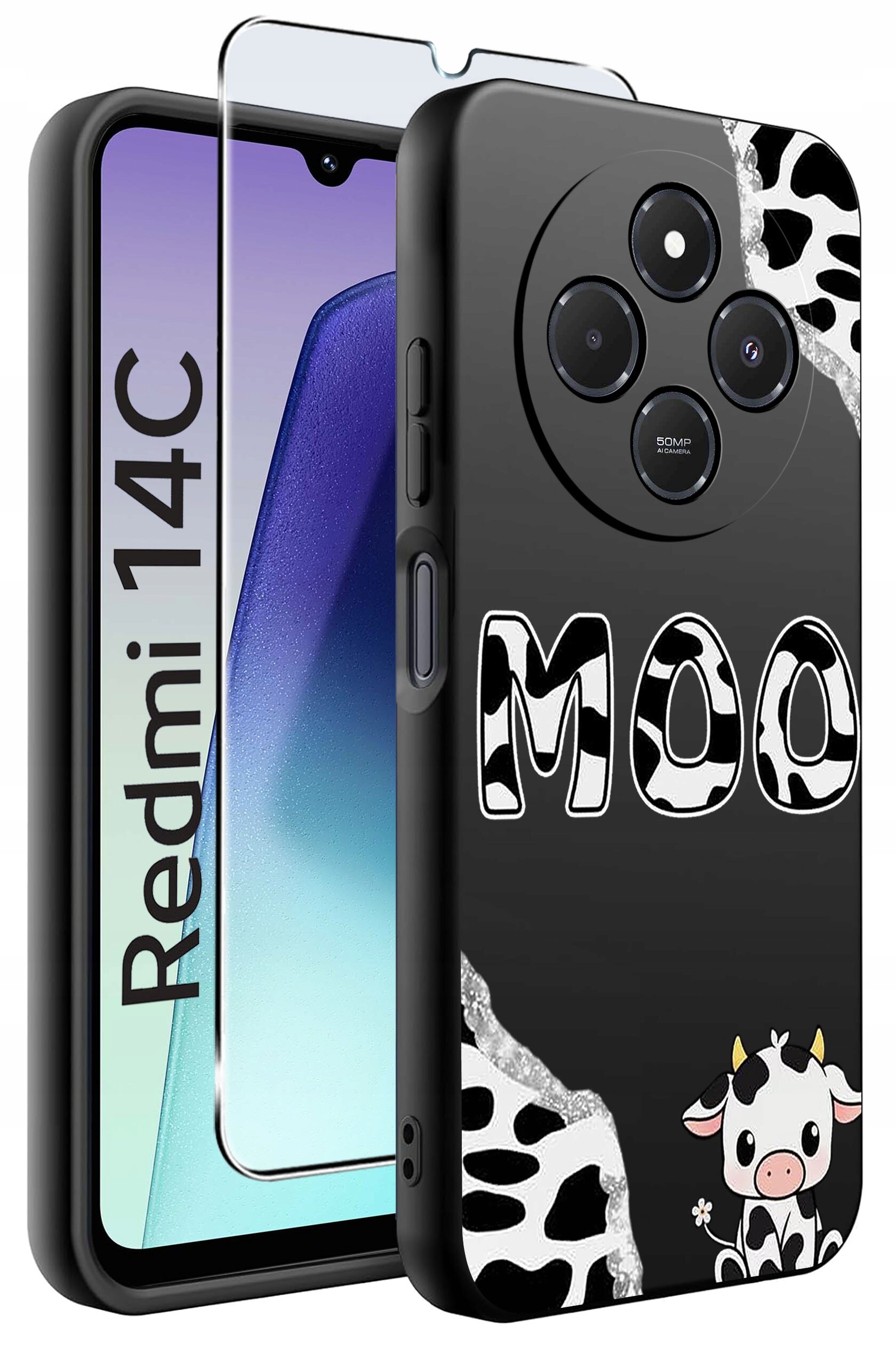 Obraz przedstawia etui na telefon z motywem krowy i napisem \'MOO\', obok którego znajduje się szkło ochronne. Na ekranie telefonu widoczny jest napis \'Redmi 14C\'.
