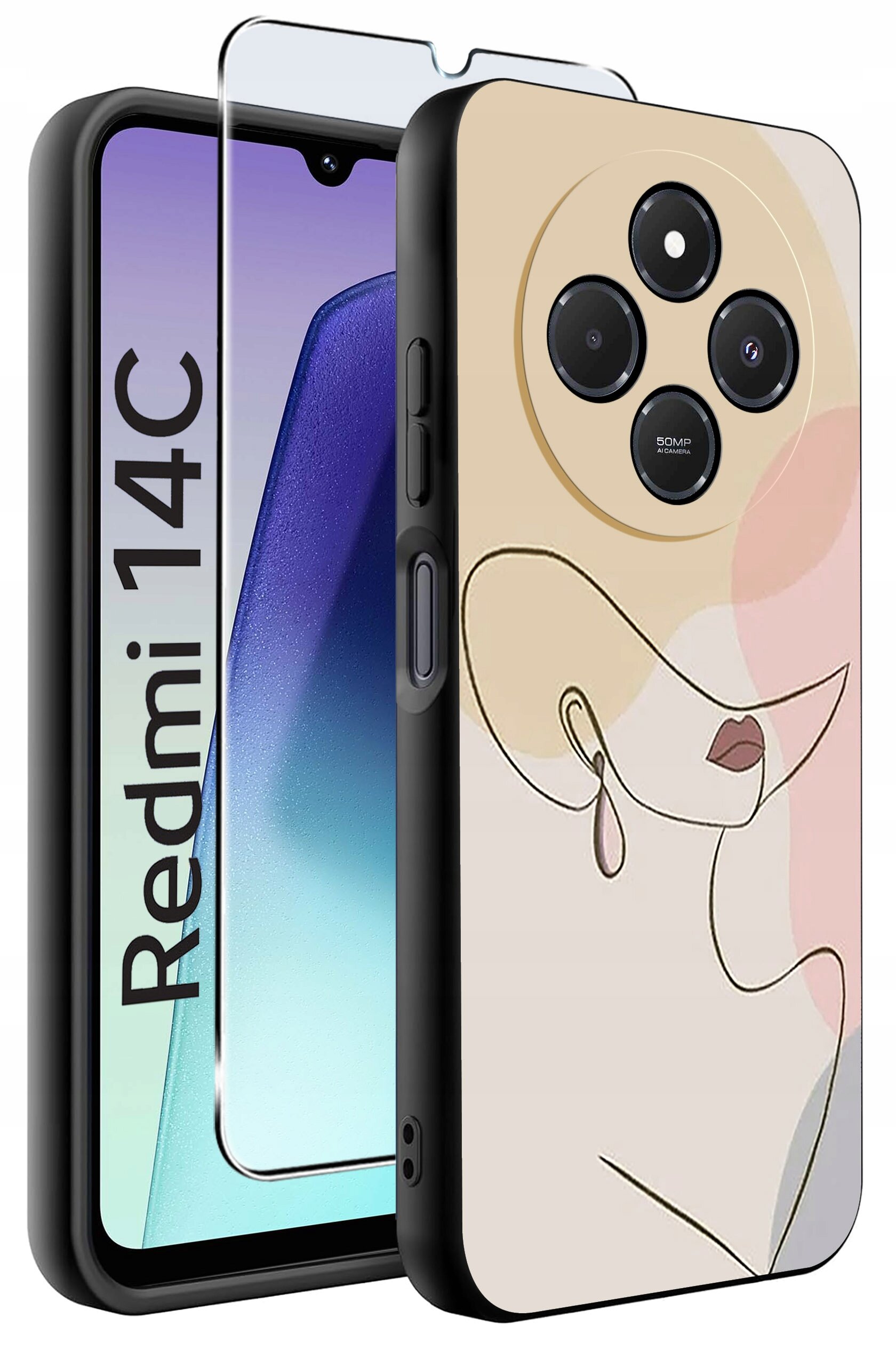Obraz przedstawia etui na telefon z abstrakcyjnym wzorem twarzy oraz szkło ochronne. Na ekranie telefonu widoczny jest napis \'Redmi 14C\'.