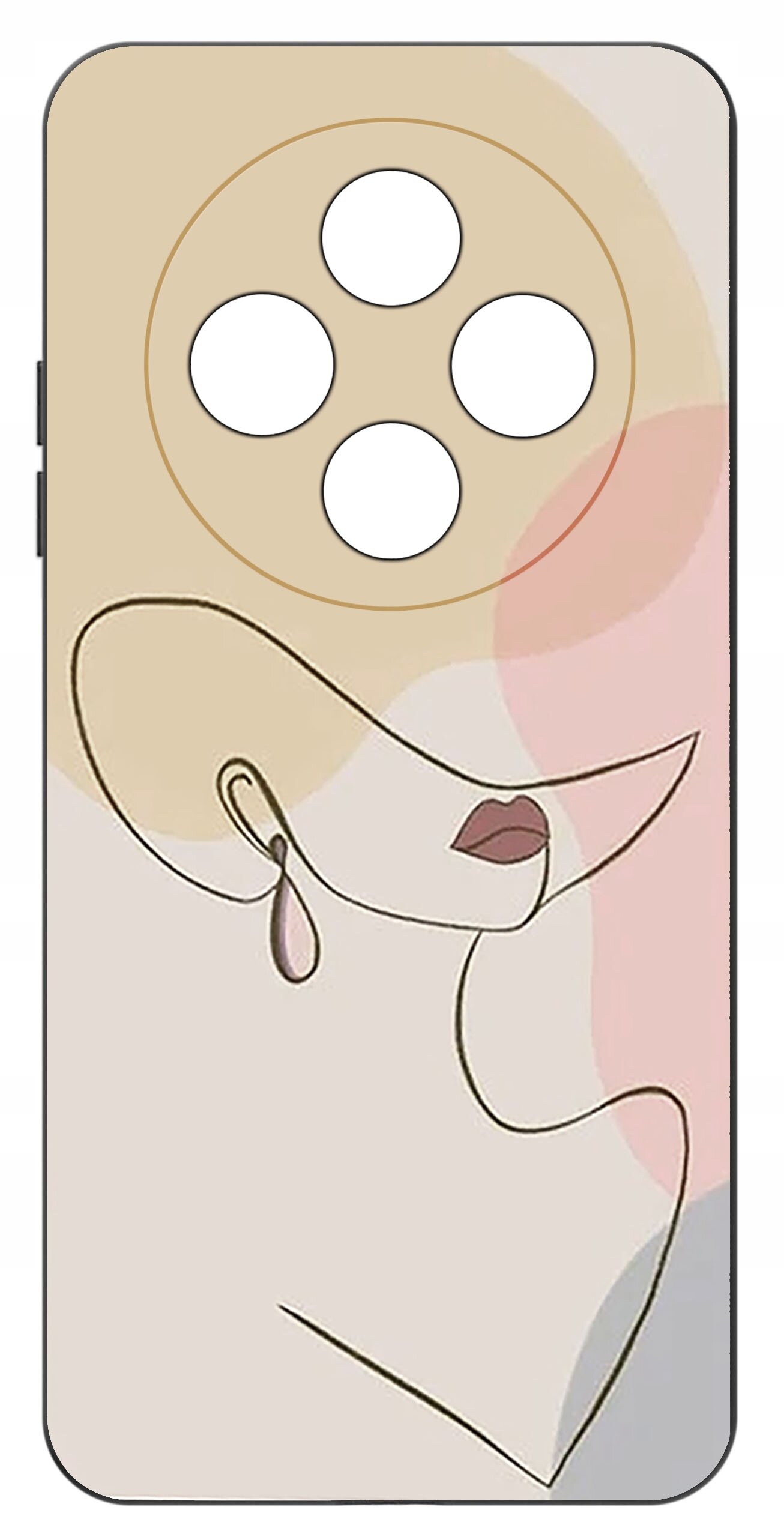 Etui na telefon z abstrakcyjnym wzorem przedstawiającym twarz w stylu line art, z otworami na aparat w górnej części. Kolory dominujące to beżowy, różowy i szary.