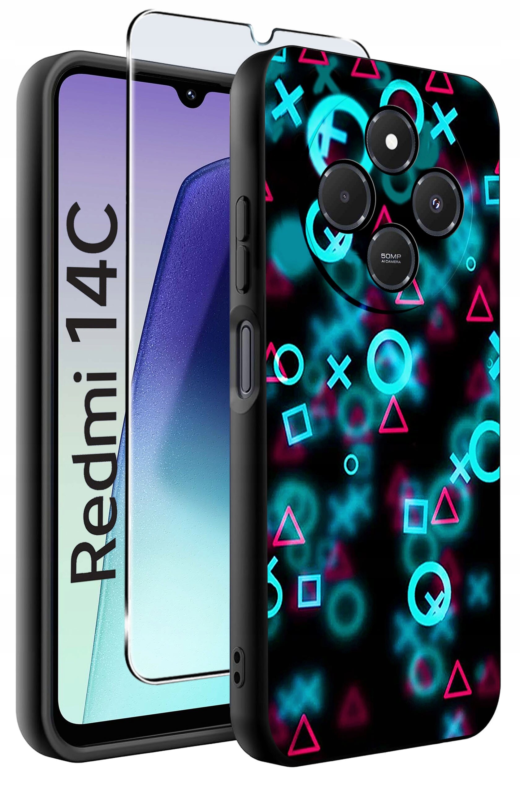 Obraz przedstawia etui na telefon z kolorowymi wzorami geometrycznymi oraz szkło ochronne. Na ekranie telefonu widoczny jest napis \'Redmi 14C\'.