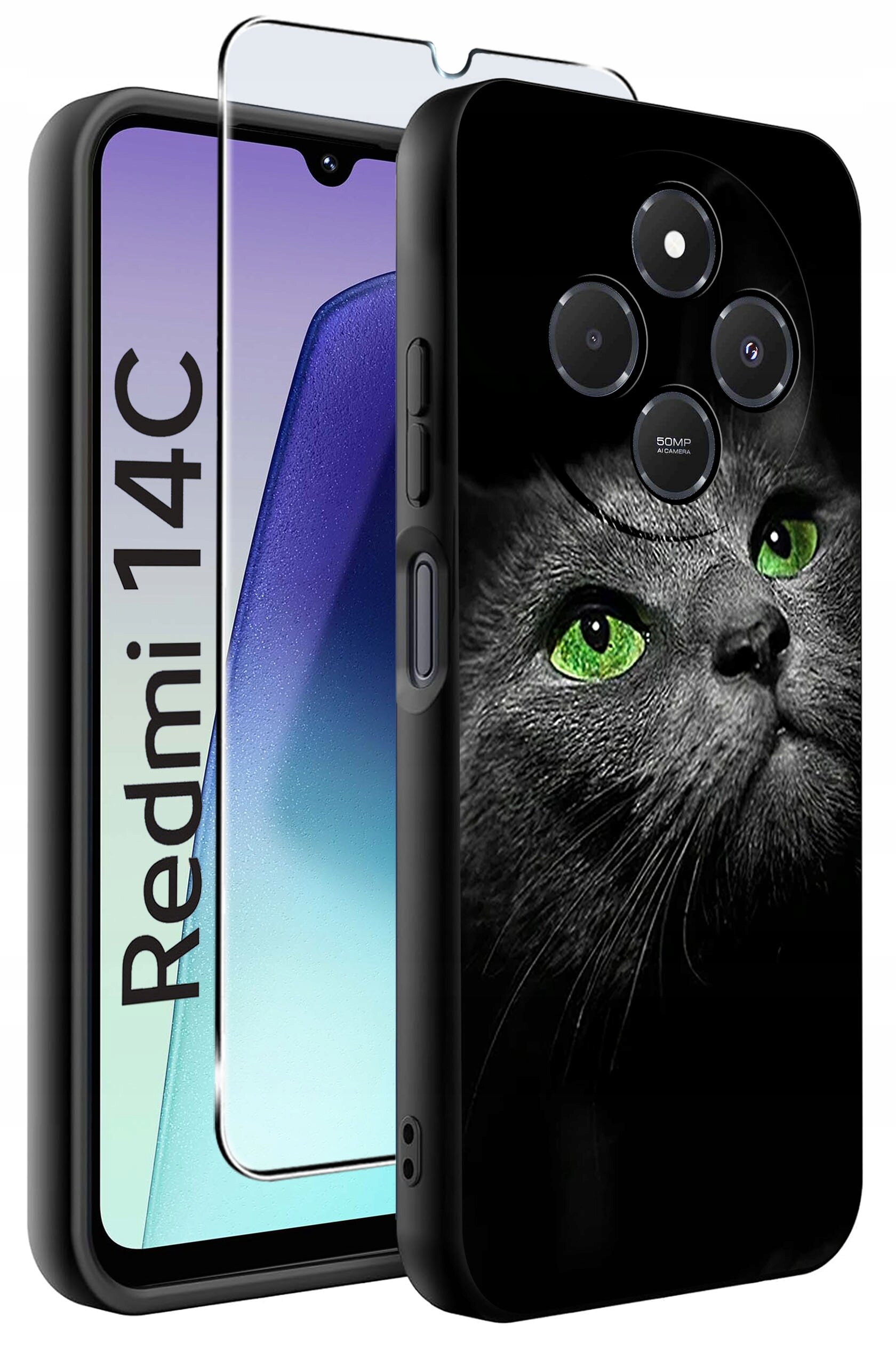 Obraz przedstawia etui na telefon z nadrukiem kota o zielonych oczach oraz szkło ochronne. Obok widoczny jest telefon z napisem \'Redmi 14C\'.