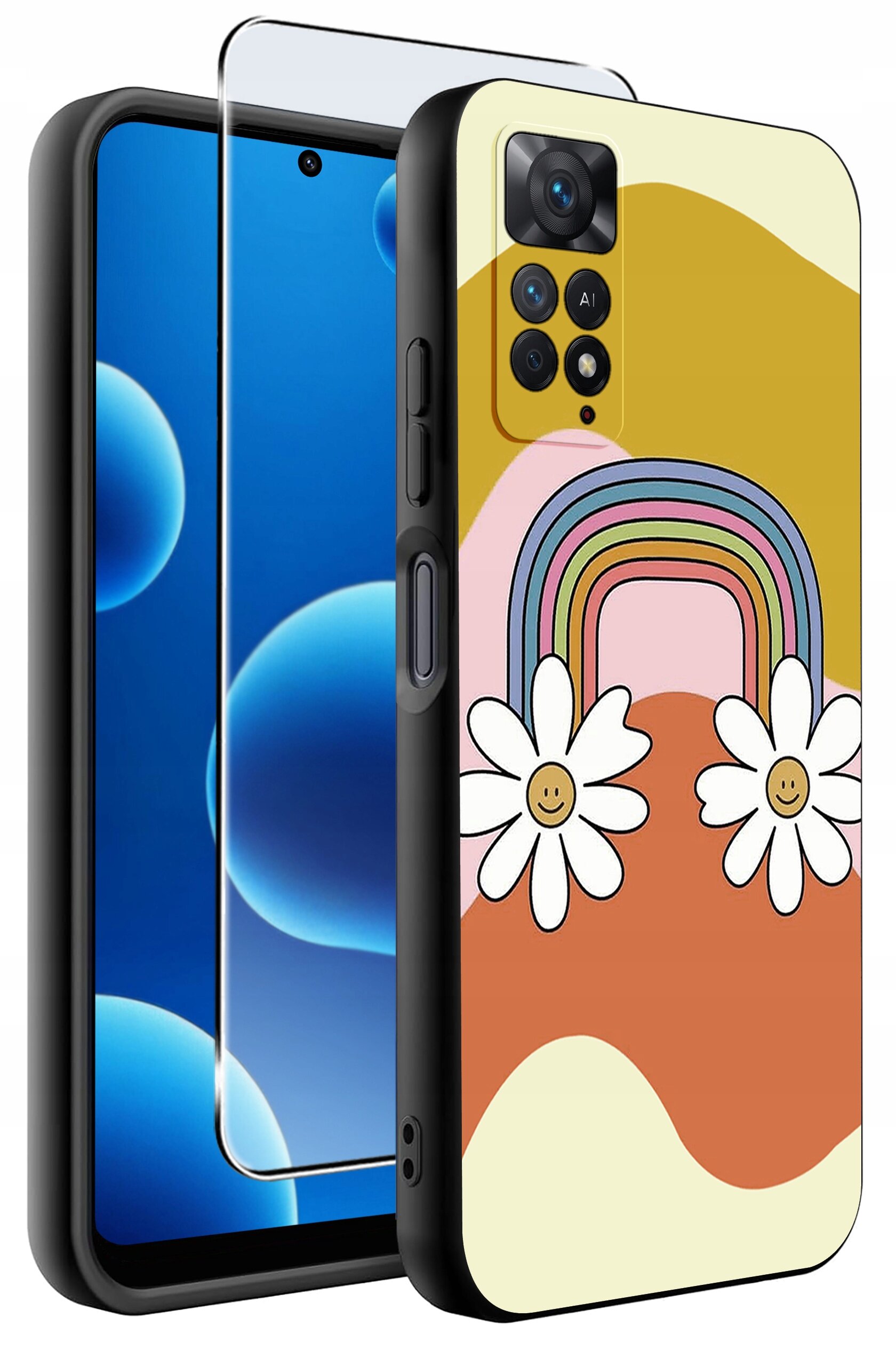 Obraz przedstawia etui na telefon z kolorowym wzorem tęczy i kwiatów oraz szkło ochronne. Etui ma matowe wykończenie i jest przeznaczone do modelu Xiaomi Redmi Note 11 Pro.
