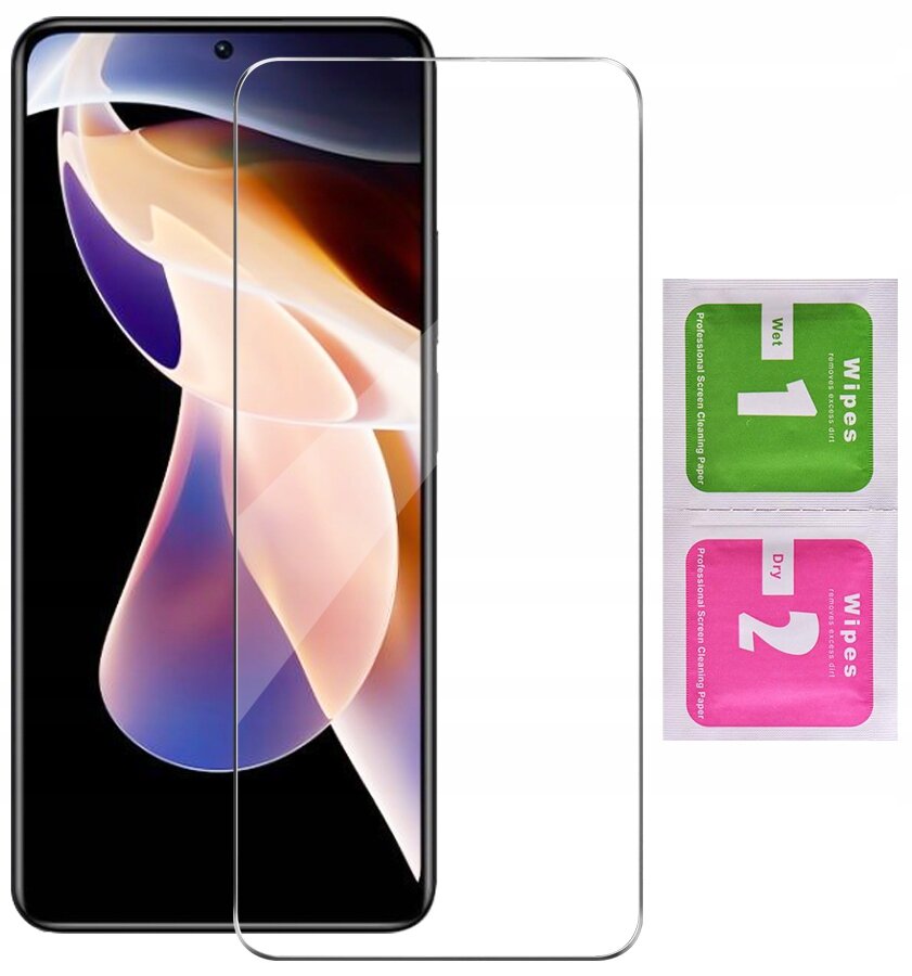 Obraz przedstawia telefon z nałożonym szkłem ochronnym oraz dwa opakowania chusteczek do czyszczenia ekranu oznaczone jako \'1 Wet\' i \'2 Dry\'.