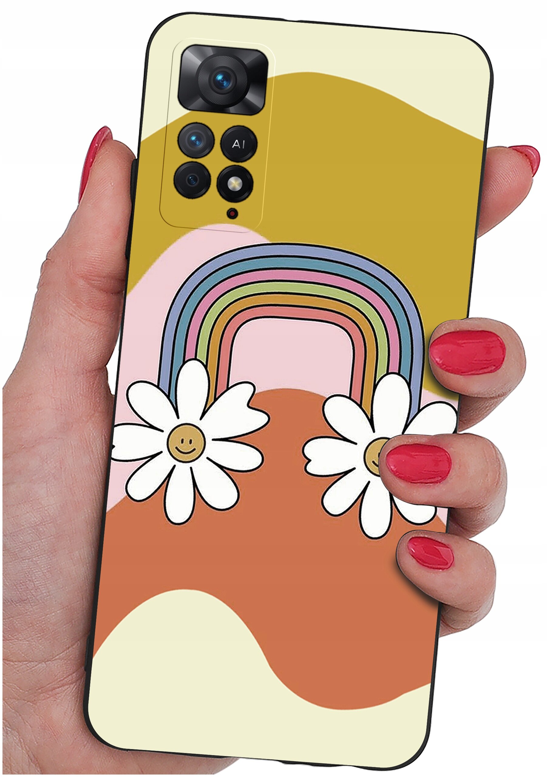 Etui na telefon z kolorowym wzorem tęczy i dwoma kwiatami z uśmiechniętymi buźkami. Etui jest trzymane w dłoni z pomalowanymi na czerwono paznokciami.