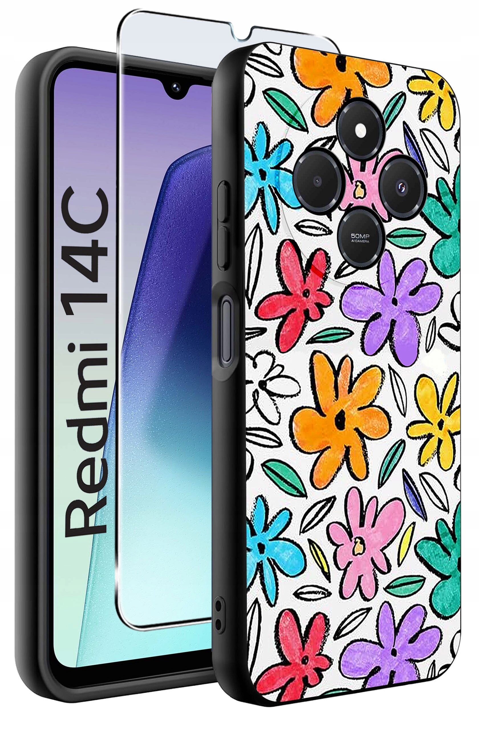 Obraz przedstawia etui na telefon z kolorowym wzorem kwiatów oraz szkło ochronne. Na ekranie telefonu widoczny jest napis \'Redmi 14C\'.