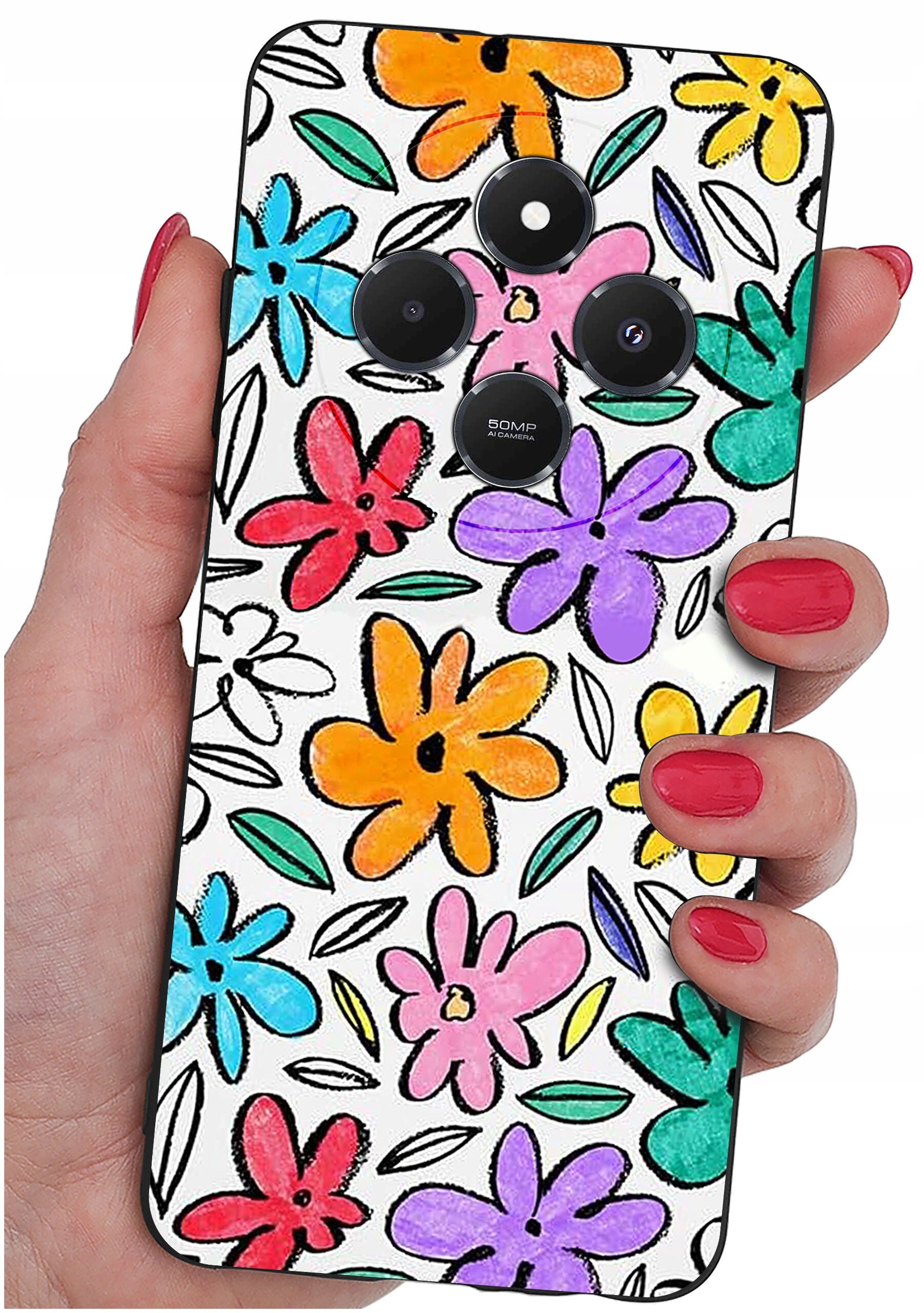 Etui na telefon z kolorowym wzorem kwiatów w różnych odcieniach, trzymane w dłoni z pomalowanymi na czerwono paznokciami. Widoczne są trzy obiektywy aparatu oraz napis \'50MP AI Camera\'.