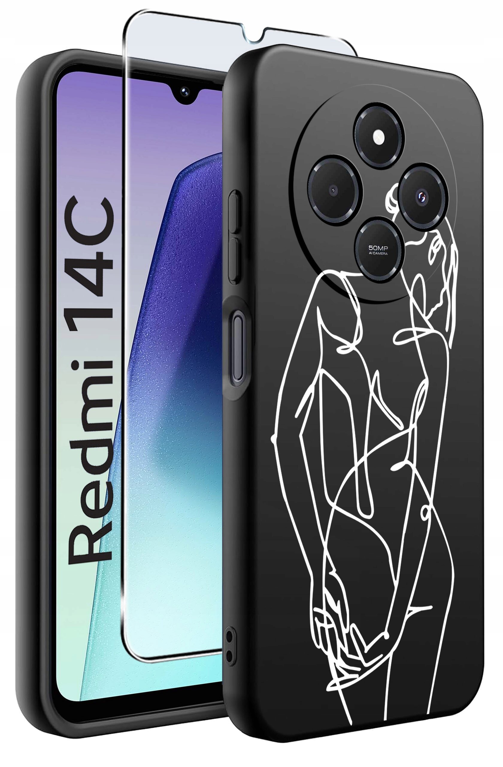 Obraz przedstawia czarne etui na telefon z białym, abstrakcyjnym wzorem sylwetki oraz szkło ochronne. Na ekranie telefonu widoczny jest napis \'Redmi 14C\'.