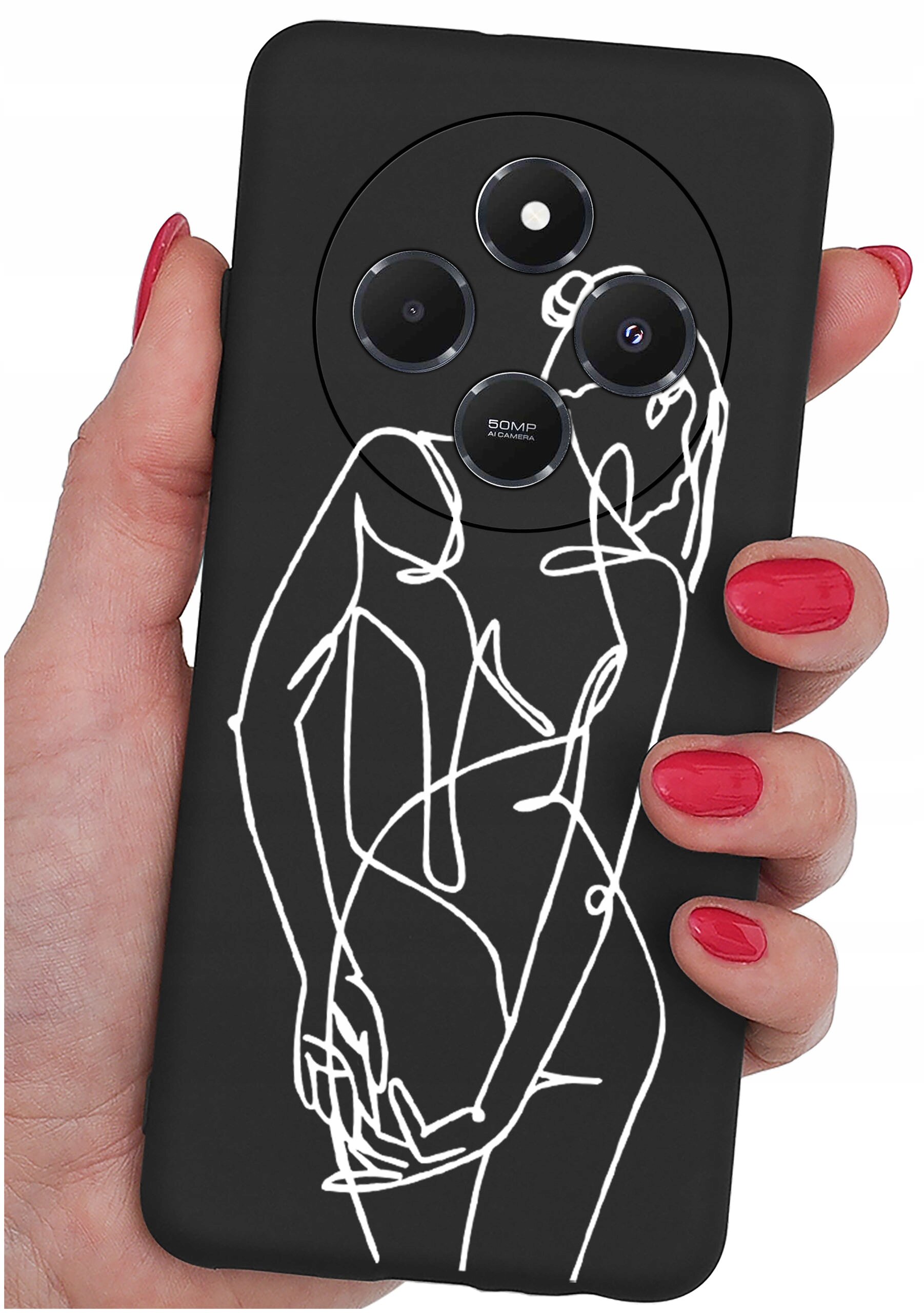 Czarna obudowa telefonu z białym, abstrakcyjnym rysunkiem postaci. Widoczne są trzy obiektywy aparatu oraz napis \'50MP AI CAMERA\'.