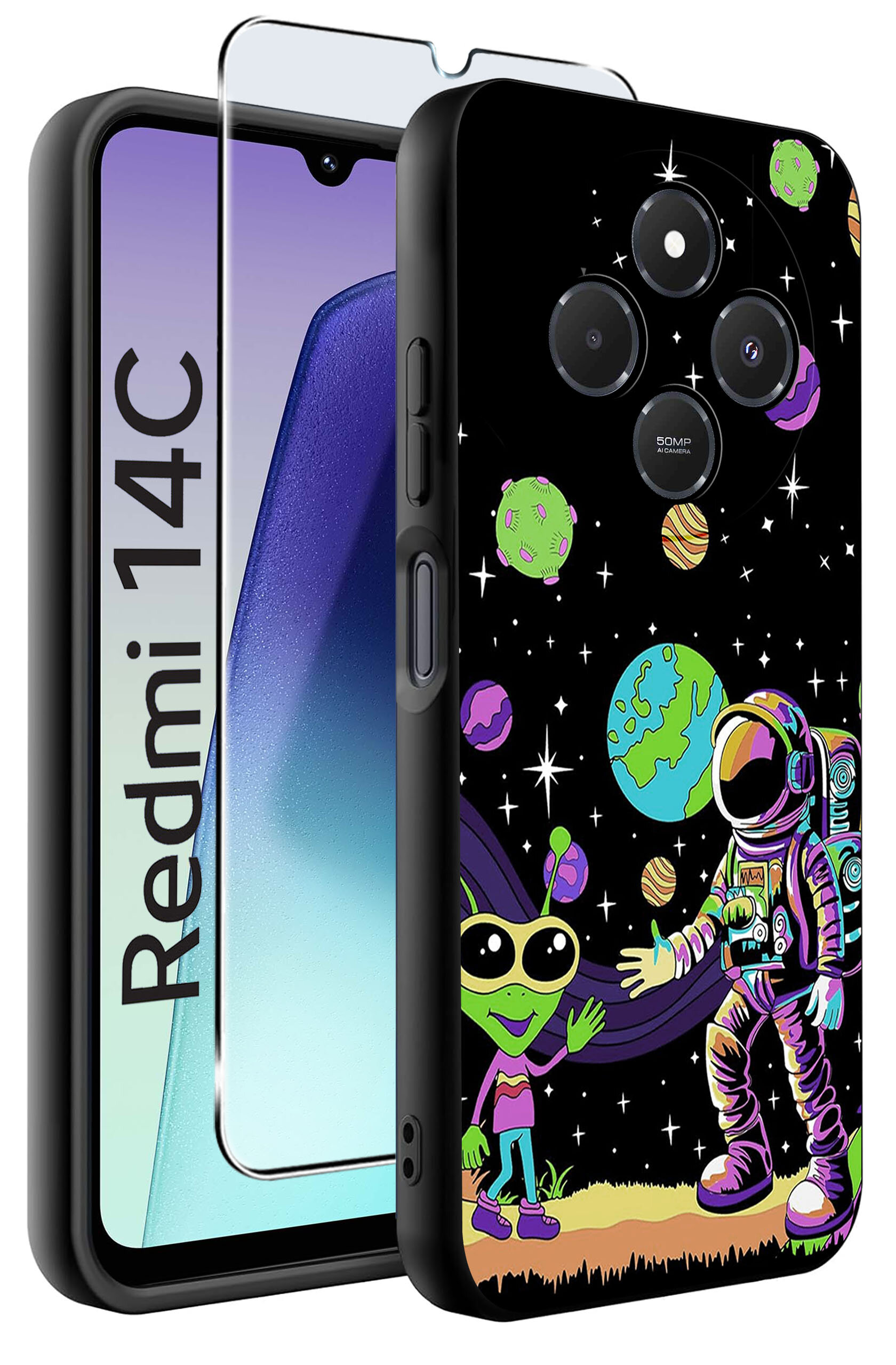 Obraz przedstawia etui na telefon z kolorowym wzorem kosmicznym, na którym widoczny jest astronauta i zielony kosmita na tle planet i gwiazd. Obok etui znajduje się szkło ochronne, a na ekranie telefonu widoczny jest napis \'Redmi 14C\'.