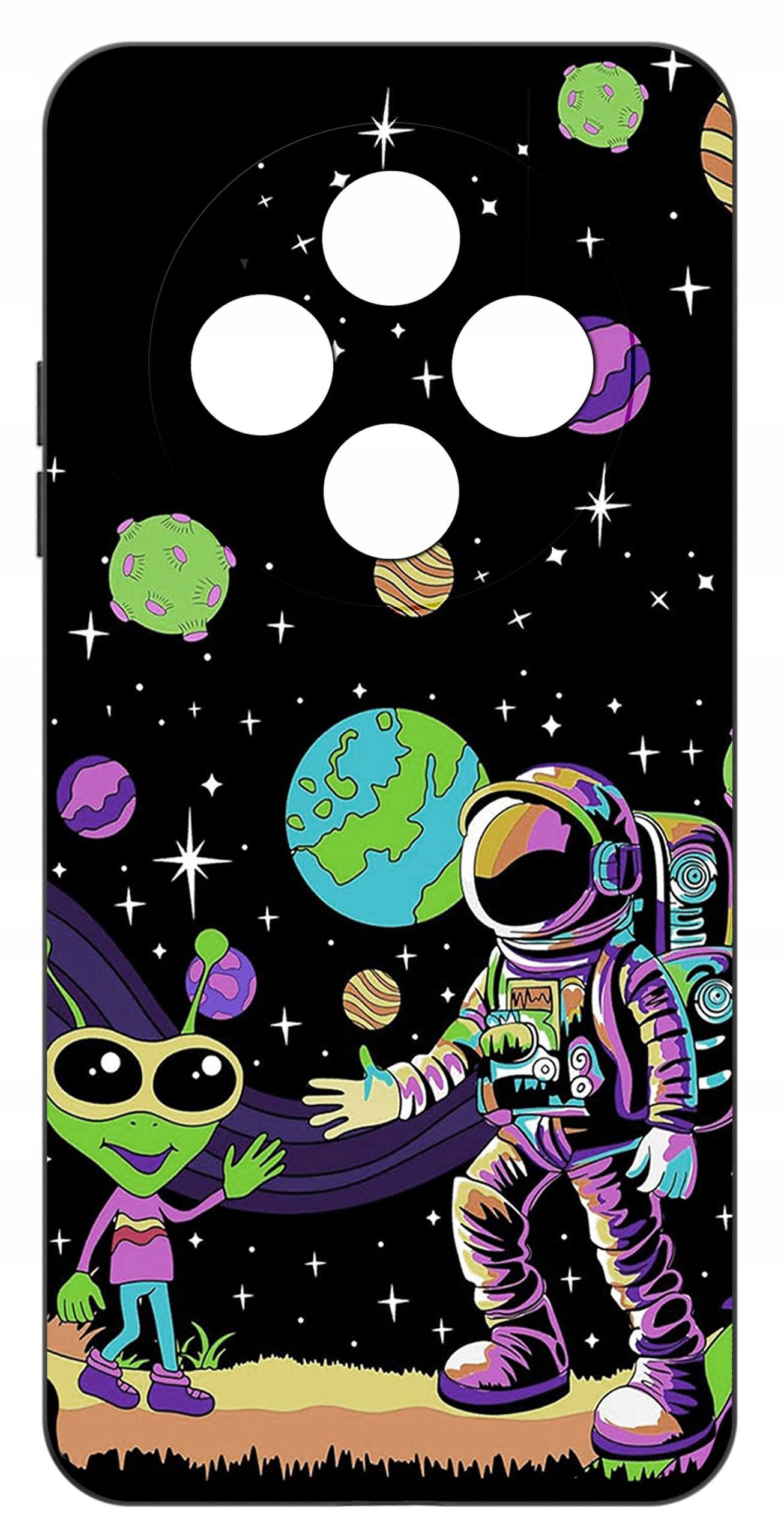 Etui z kolorowym wzorem przedstawiającym astronautę i zielonego kosmitę na tle kosmosu z planetami i gwiazdami. Wzór jest żywy i pełen szczegółów, z dominującymi kolorami zielonym, fioletowym i czarnym.