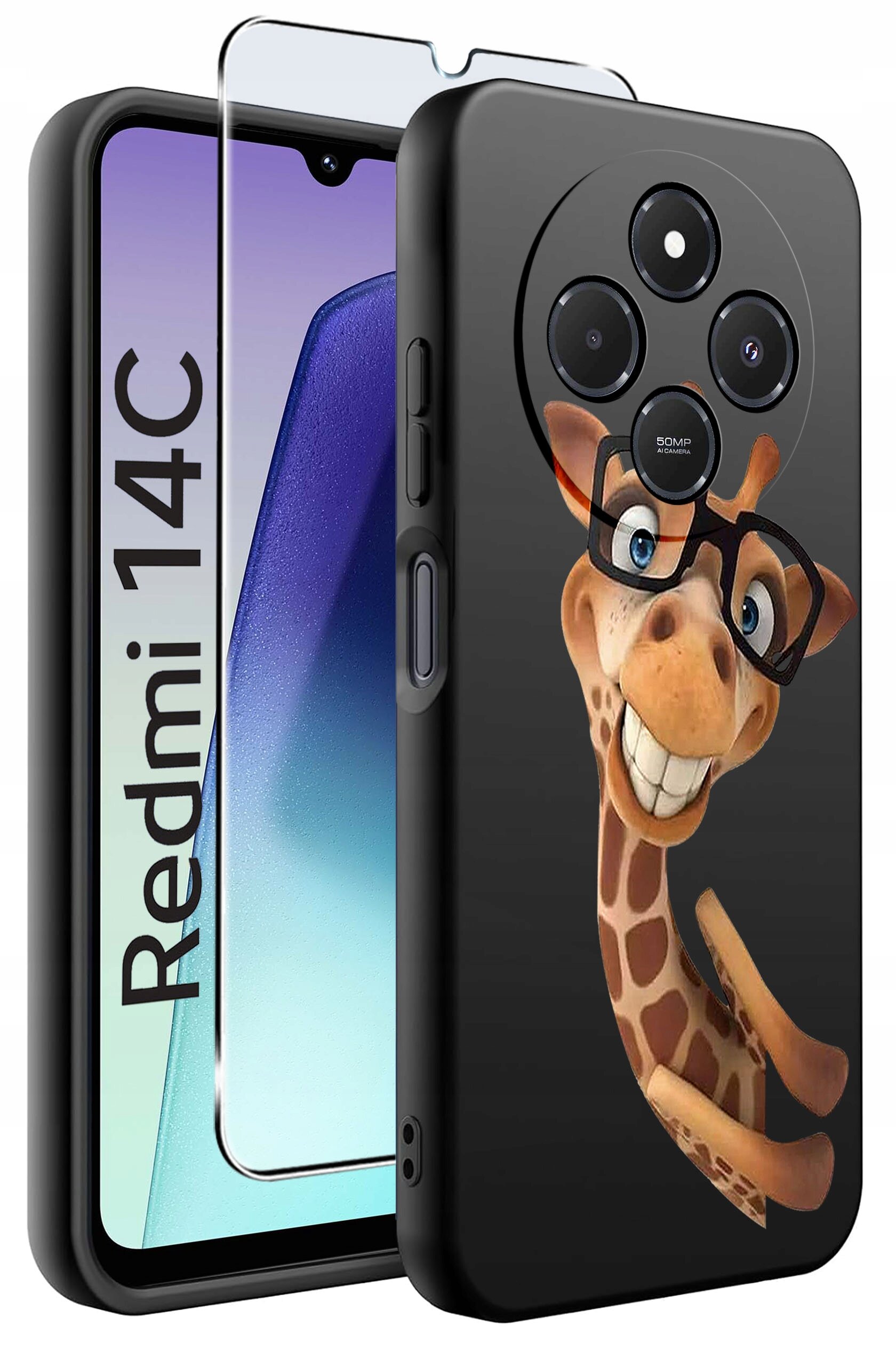 Obraz przedstawia etui na telefon z grafiką żyrafy w okularach oraz szkło ochronne. Na ekranie telefonu widoczny jest napis \'Redmi 14C\'.
