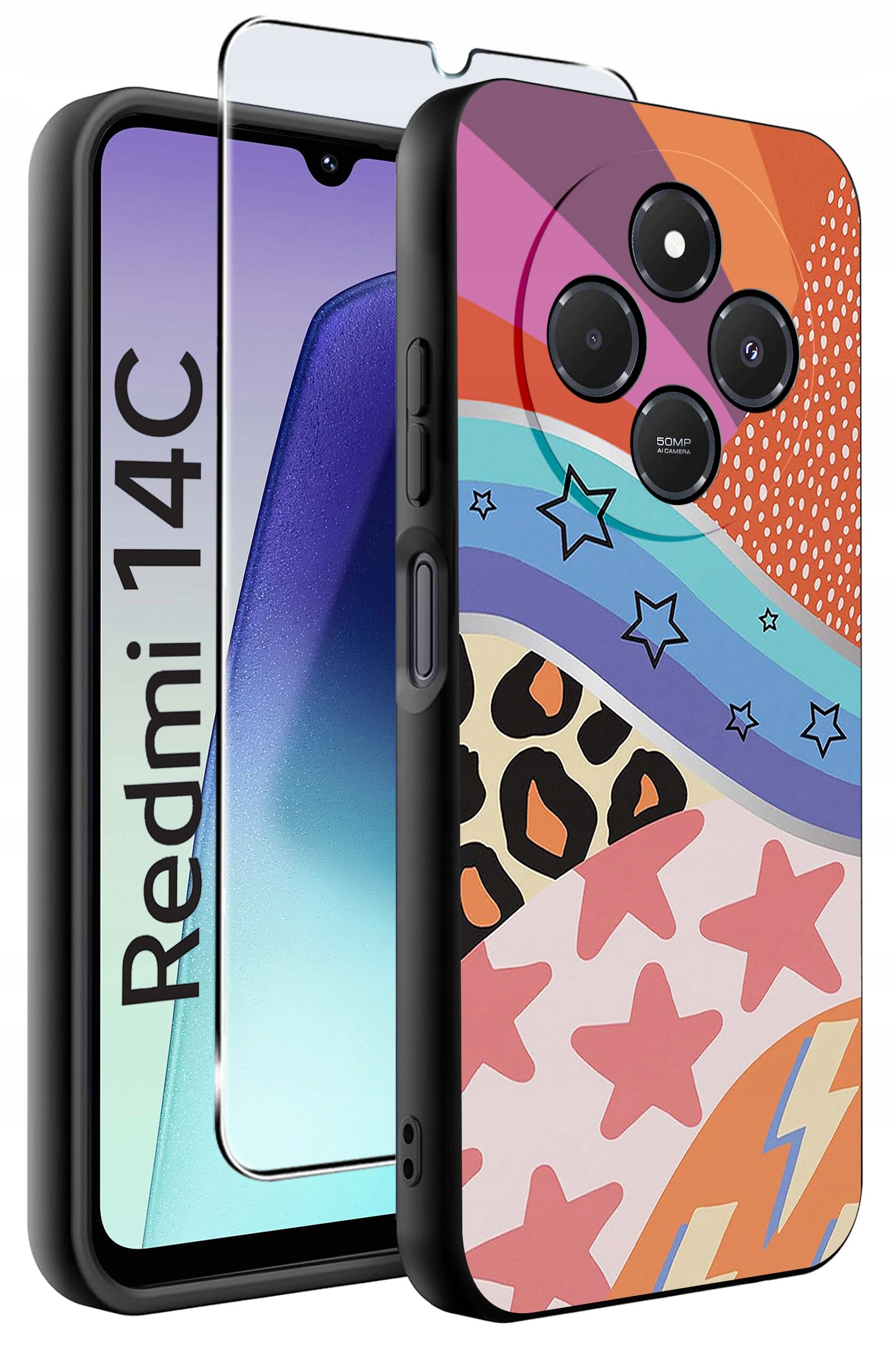 Obraz przedstawia etui na telefon z kolorowym wzorem zawierającym gwiazdy, paski i motywy zwierzęce. Obok etui znajduje się szkło ochronne oraz telefon z widocznym napisem \'Redmi 14C\'.