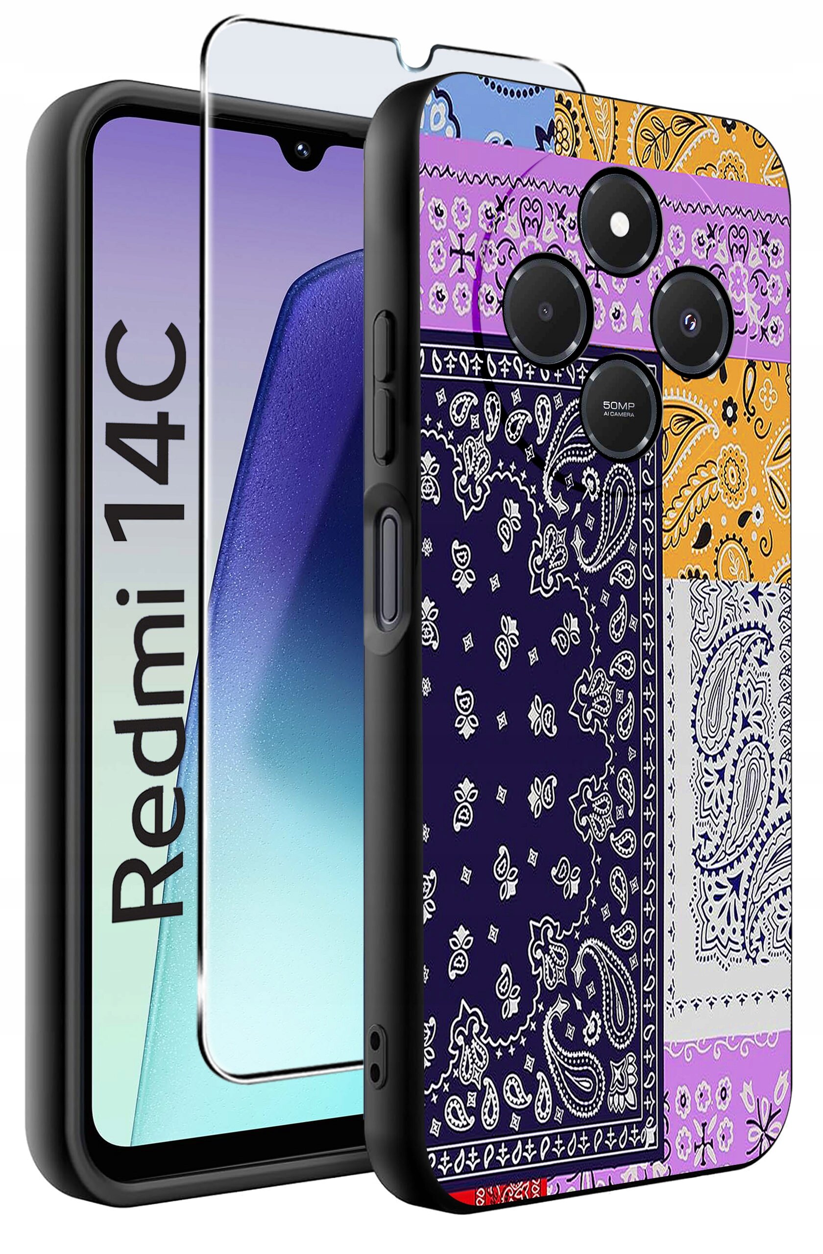 Obraz przedstawia etui na telefon z kolorowymi wzorami paisley oraz szkło ochronne. Na ekranie telefonu widoczny jest napis \'Redmi 14C\'.