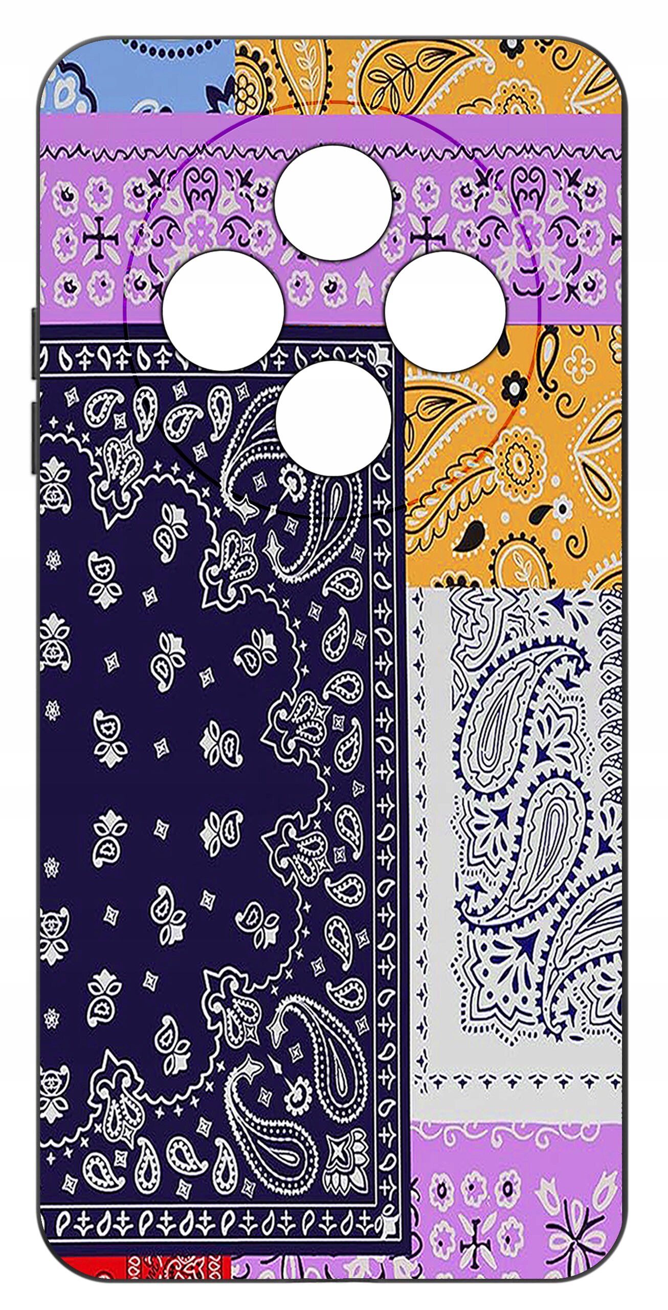 Etui na telefon z kolorowym wzorem paisley i kwiatowymi motywami w odcieniach fioletu, pomarańczu, granatu i bieli. Posiada wycięcia na aparat i przyciski.