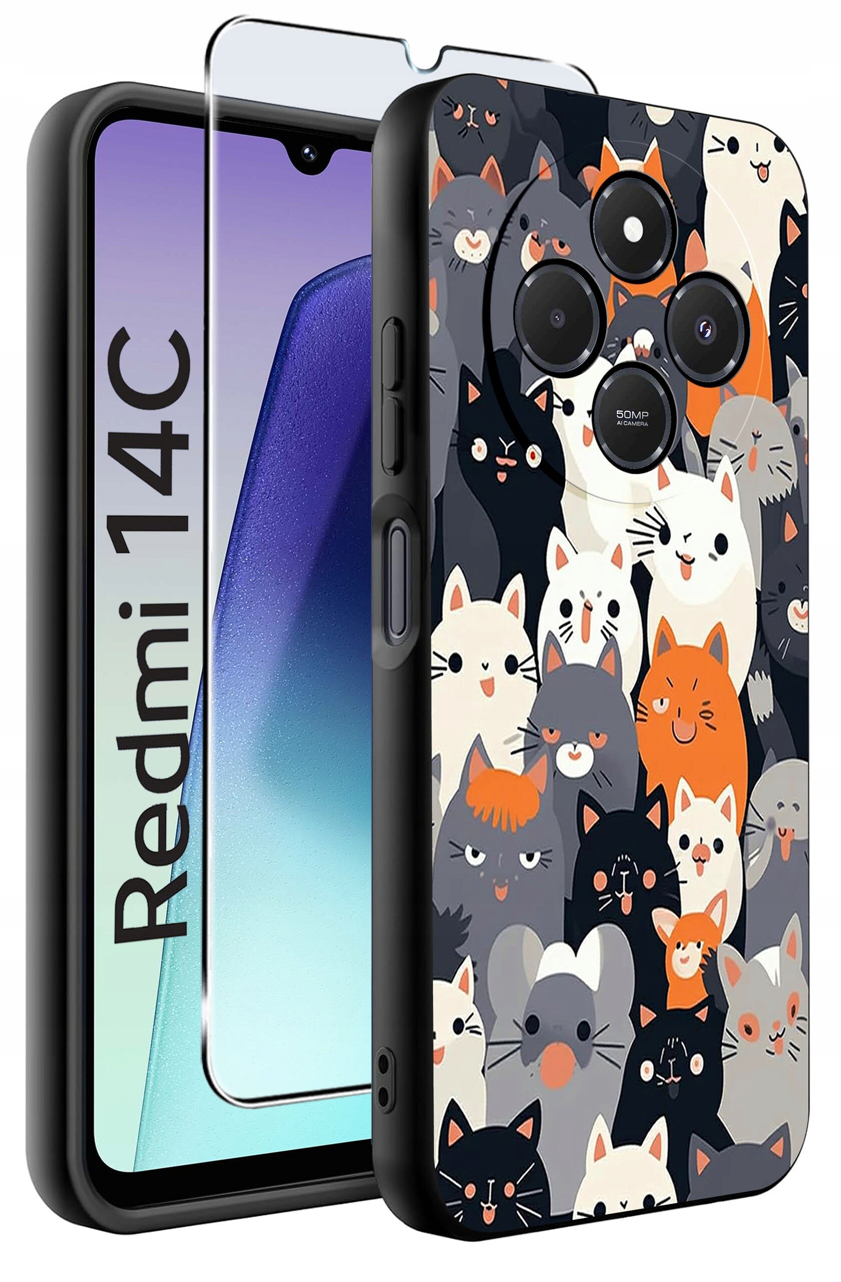 Obraz przedstawia etui na telefon z kolorowym wzorem przedstawiającym różne koty. Obok etui widoczny jest telefon z napisem \'Redmi 14C\' oraz szkło ochronne.