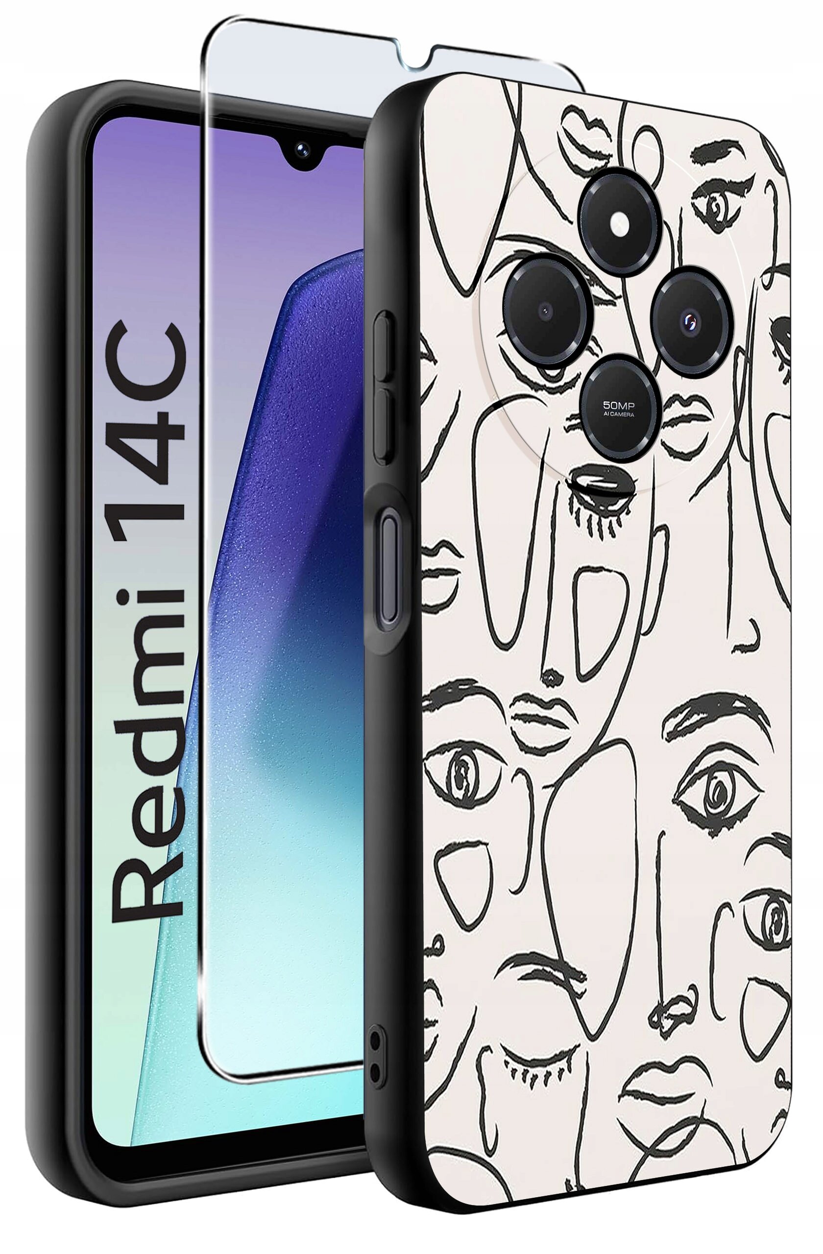 Obraz przedstawia etui na telefon z abstrakcyjnym wzorem twarzy oraz szkło ochronne. Na ekranie telefonu widoczny jest napis \'Redmi 14C\'.