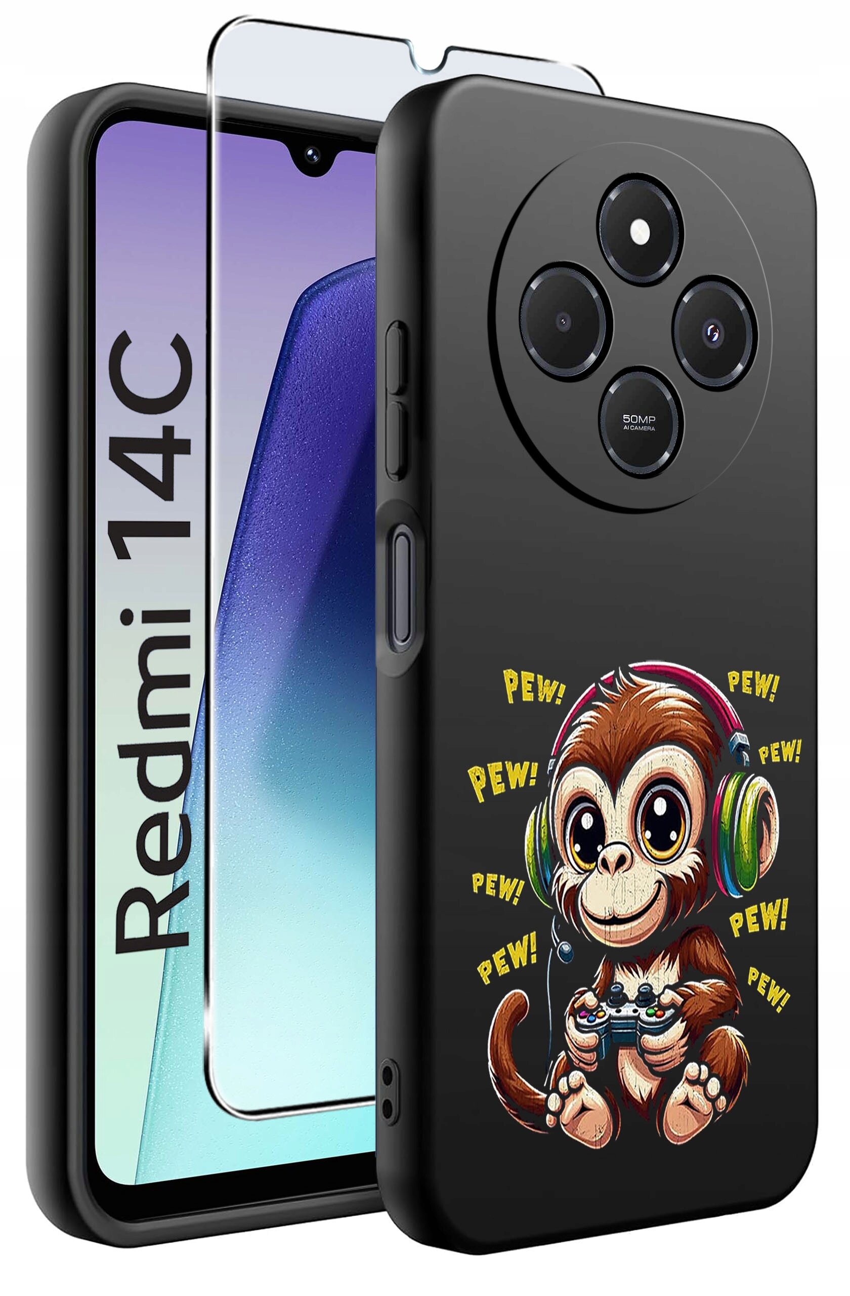 Etui na telefon z nadrukiem małpki w słuchawkach trzymającej kontroler do gier, z napisem \'PEW! PEW!\'. Obok znajduje się szkło ochronne na ekran, a na ekranie widoczny jest napis \'Redmi 14C\'.